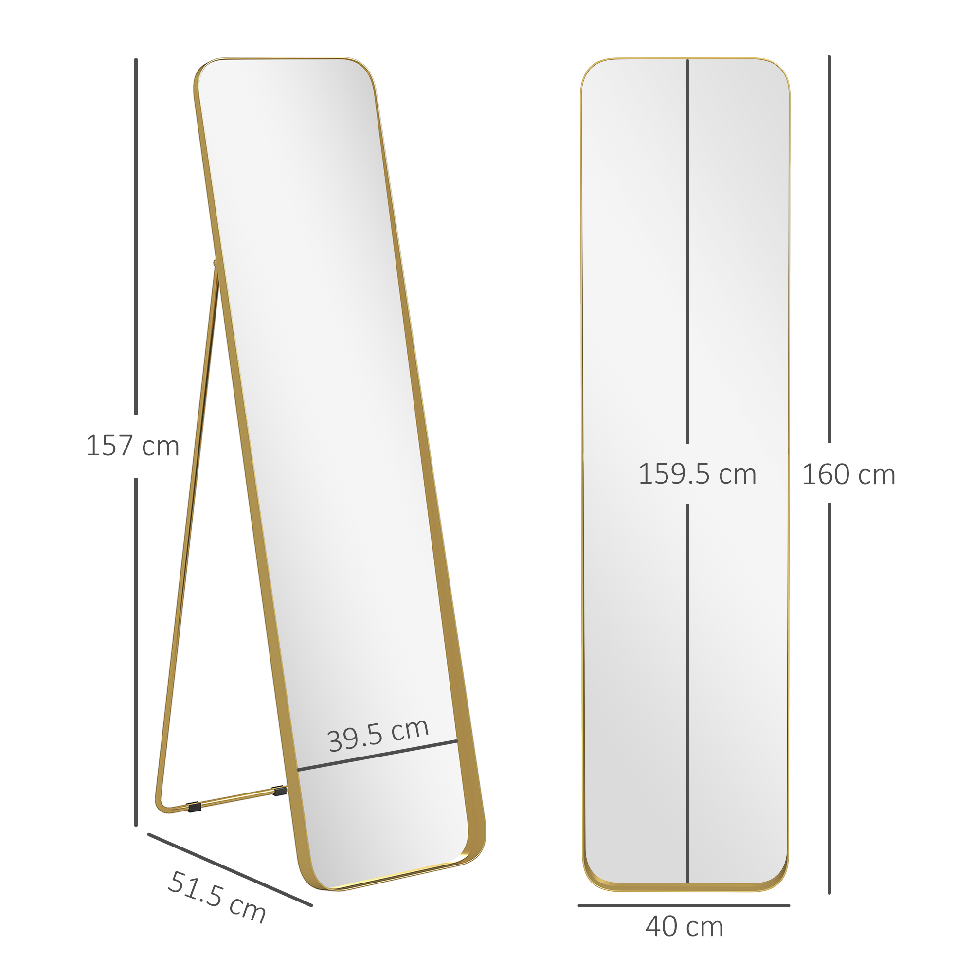  Oglinda de Podea 40x160cm Dreptunghiulara in Marime Naturala cu Suport Autoportant, Auriu [2]