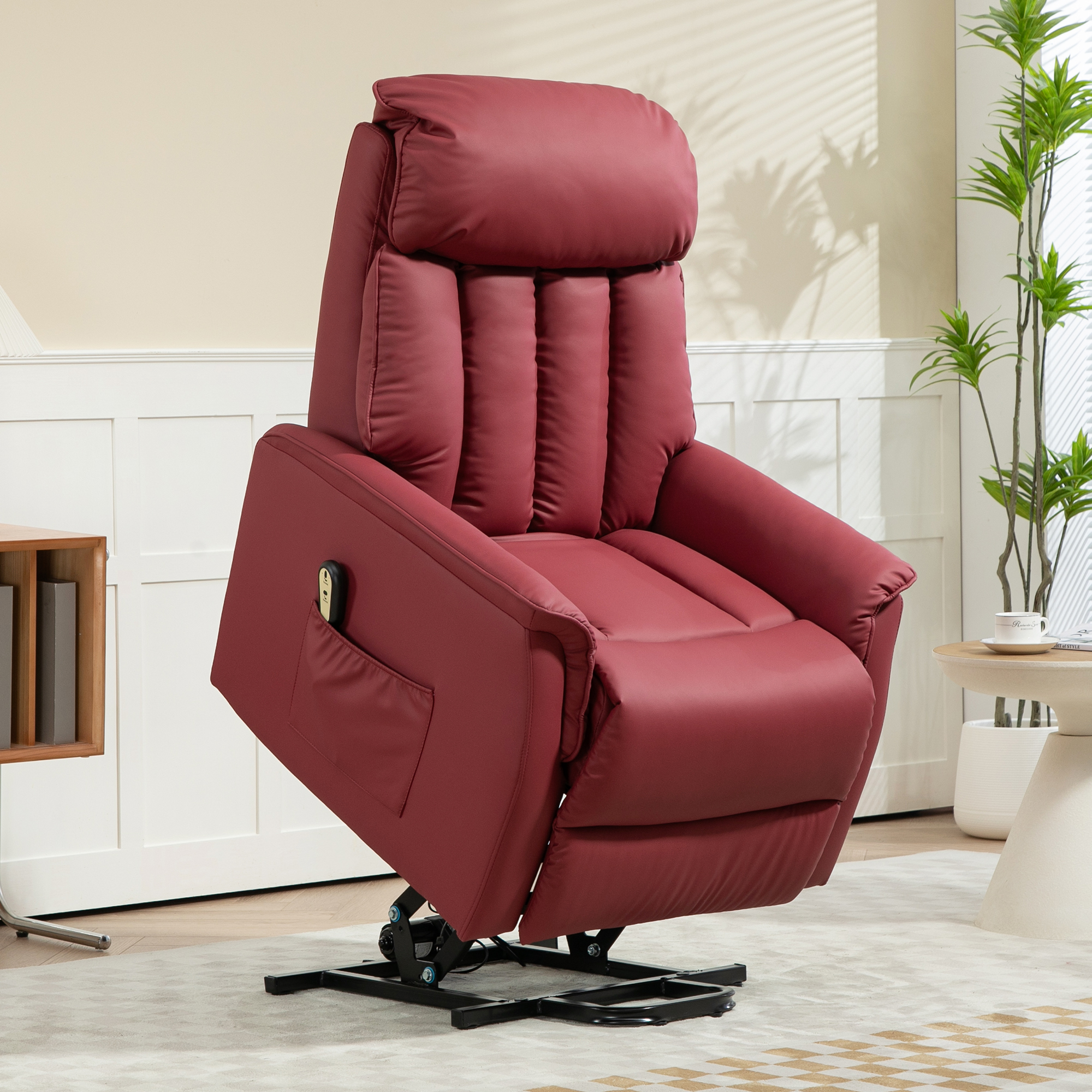  Fotoliu Relax Reclinabil cu Functie de Ridicare Electrica, Telecomanda si Suport pentru Picioare, 80x94x104cm, Rosu [1]