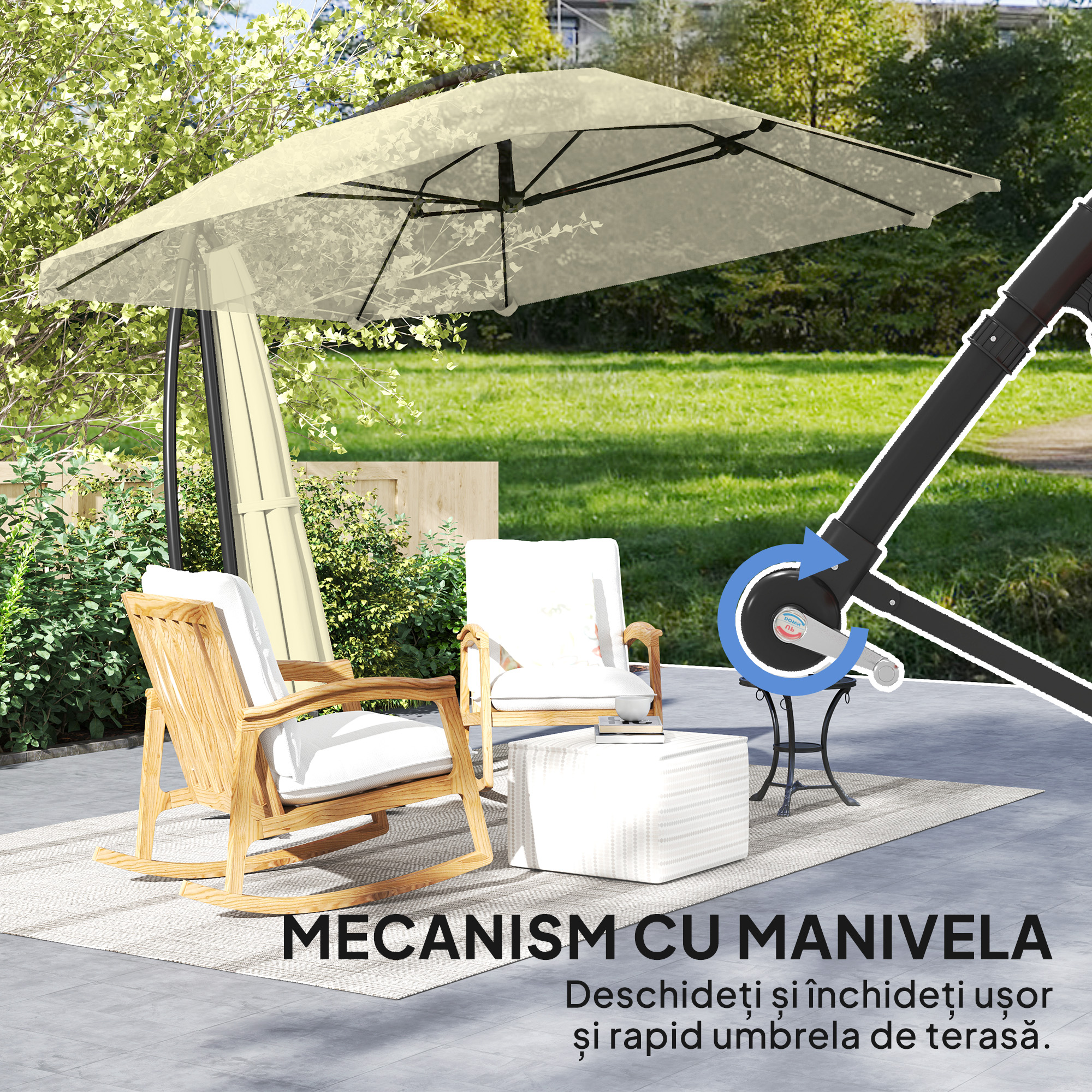  Umbrela de Soare Suspendata cu Baza in Cruce, Articulatie Tip Banana si Manivela, 304x260x245 cm, Alb Crem [5]