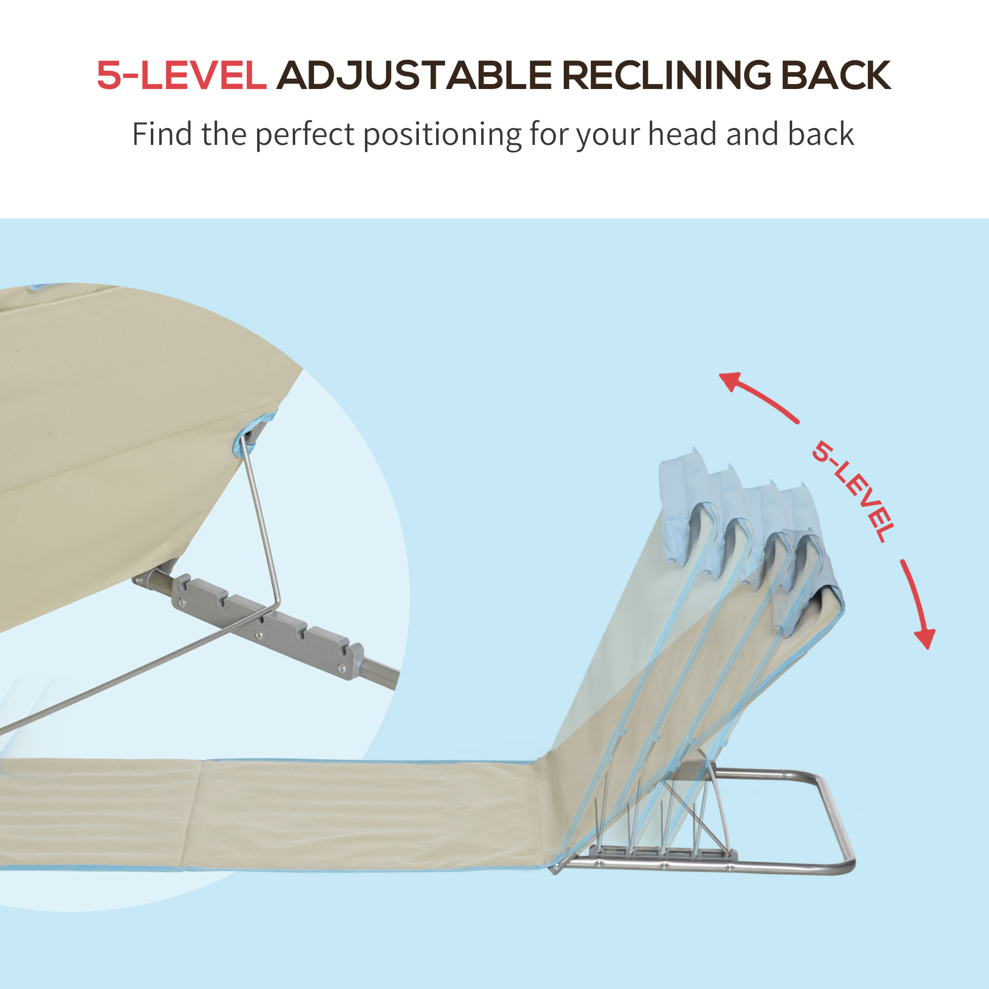  Set 2 sezlonguri cu Spatar Reglabil pe 5 Niveluri, Tetiera si Geanta de Transport, 124x53x35-45 cm, Bej [3]