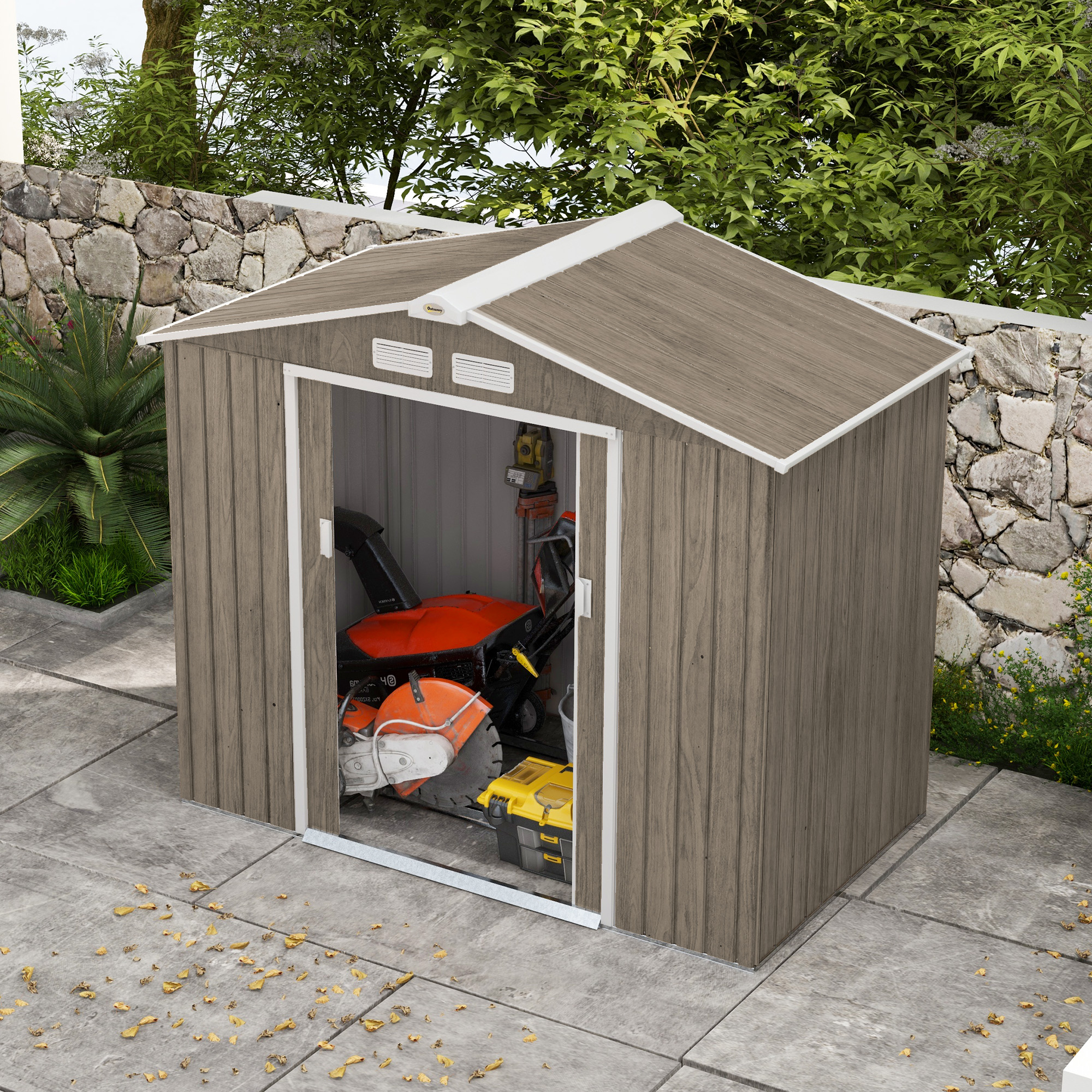 Magazie Gradina Metalica cu Orificii de Ventilatie si Usa Culisanta Dubla pentru Gradinarit si DIY, 213x130x185 cm, Maro [8]