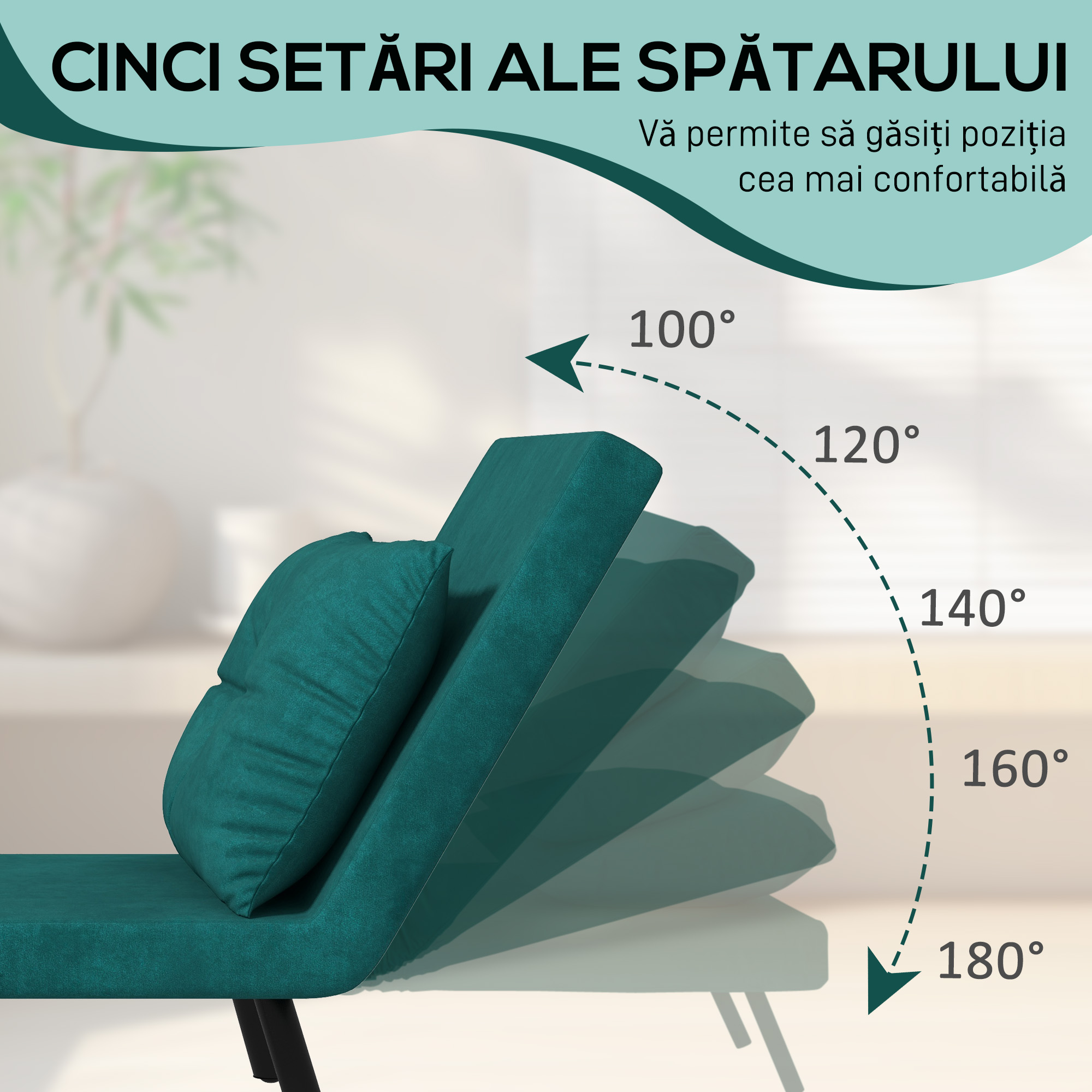  Fotoliu Pat 3 in 1 cu Spatar Reglabil in 5 Pozitii si Perna, 63x73x81 cm, Verde [4]