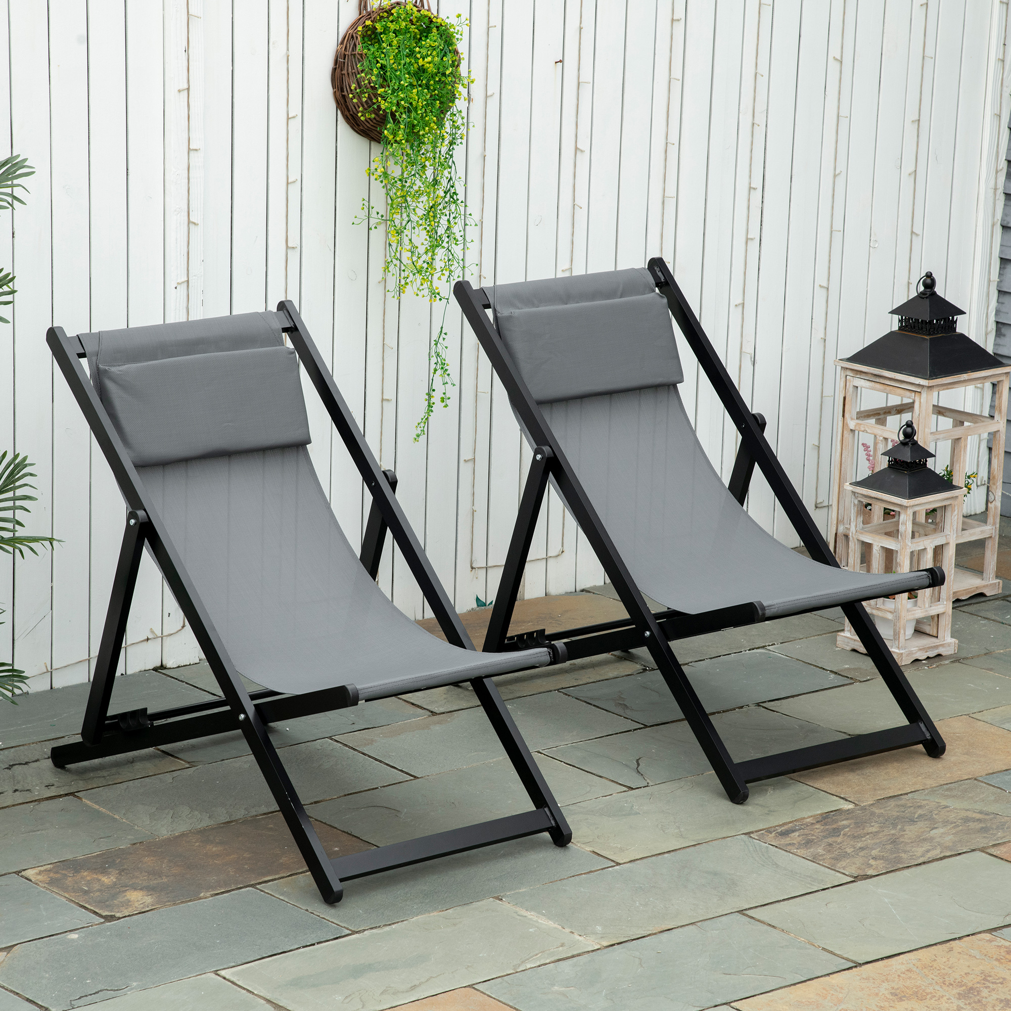 Set 2 Scaune Fotoliu Sezlong pentru Exterior, Pliabile si Rabatabile, din Aluminiu, Gri, 96.5 x 58 x 91.5cm [1]