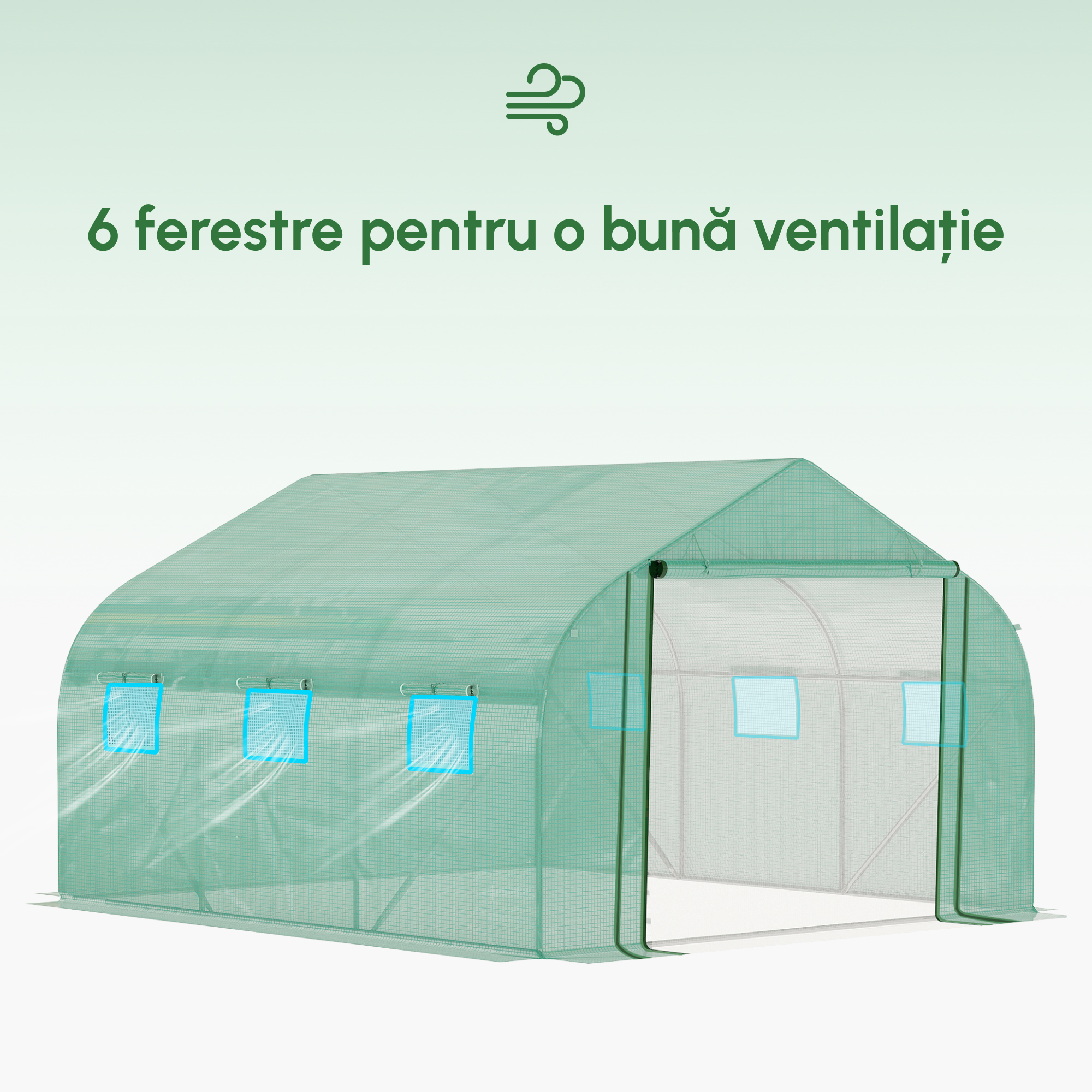  Sera Tunel cu Protectie PE si Structura din Otel, Poarta Tip Rulou si 6 Ferestre, 347x300x200 cm, Verde [3]