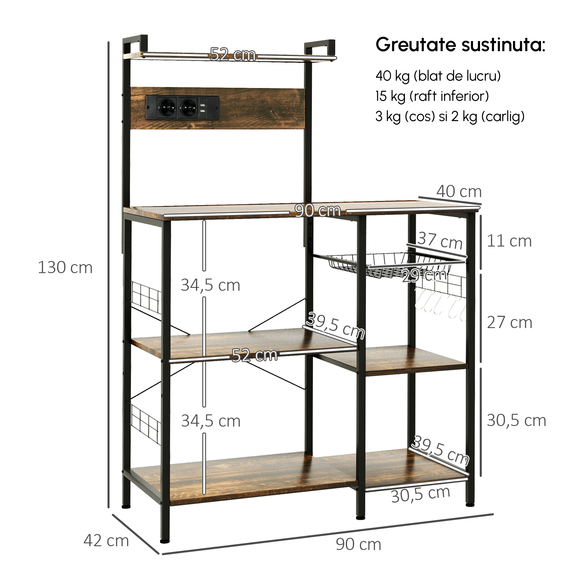  Raft de bucatarie cu priza multipla pentru microunde, cu rafturi si cos din plasa, 90x42x130cm, maro [2]