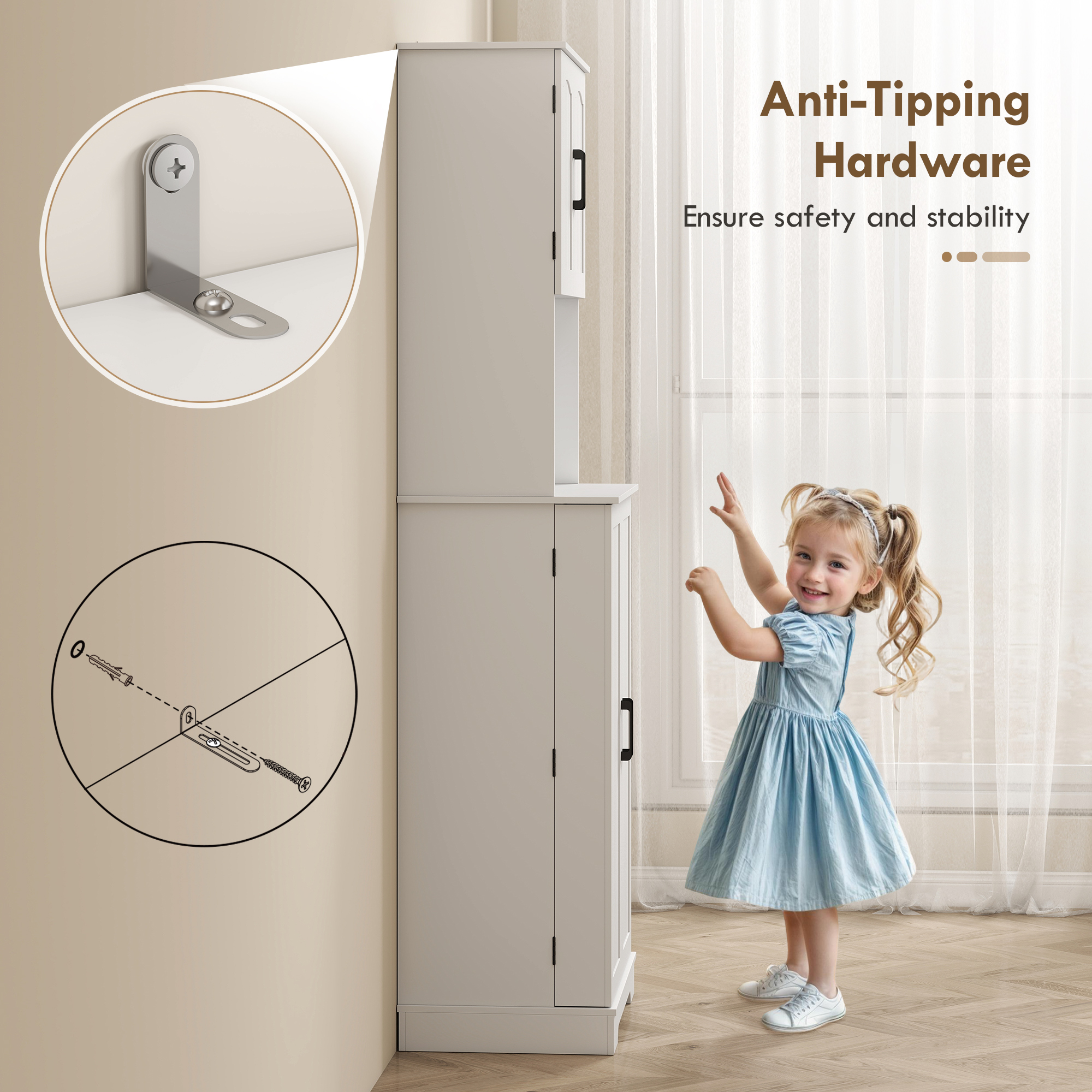  Dulap de bucatarie inalt, stil country, cu 2 dulapuri si 8 suporturi pentru condimente, 60x40x181.5 cm, alb [6]