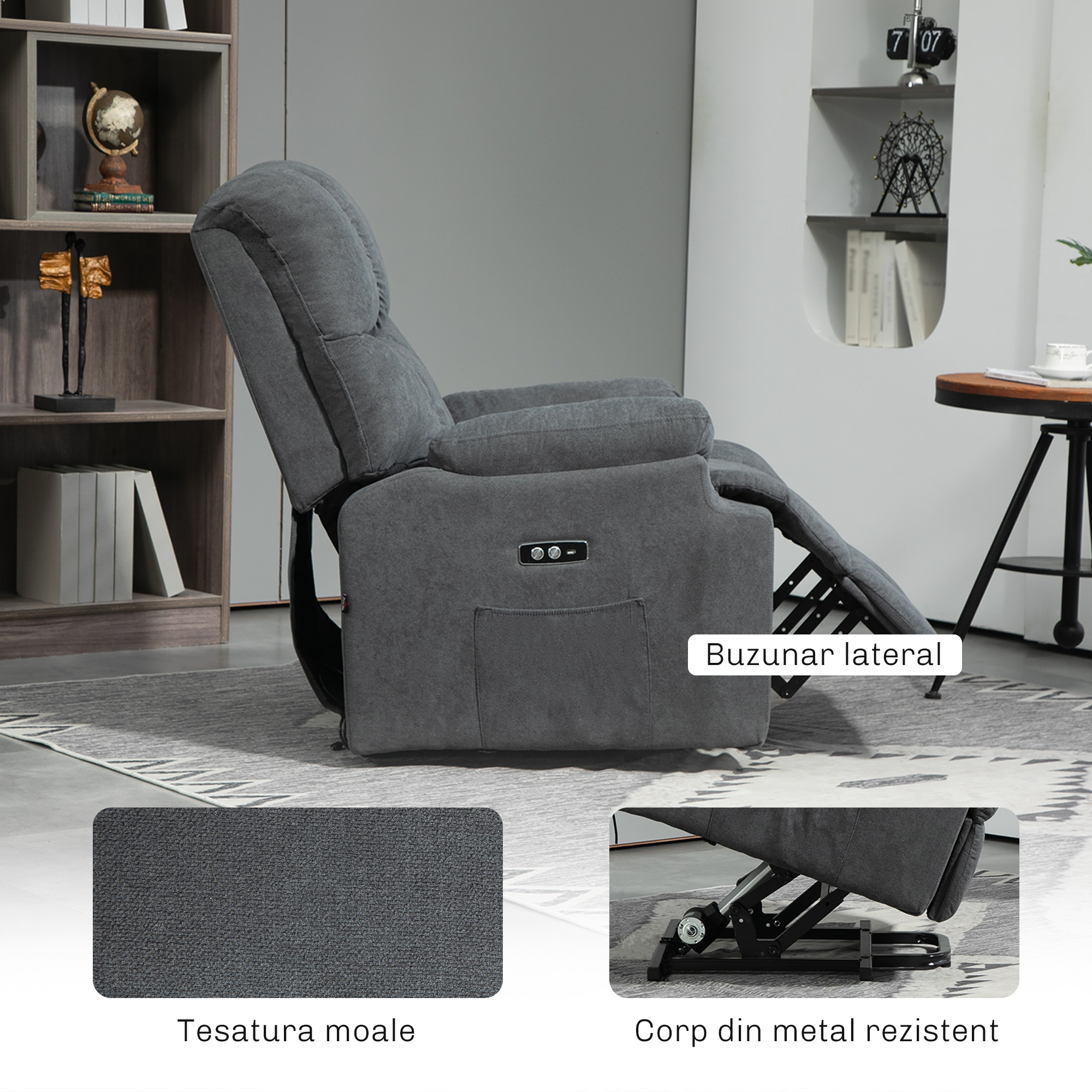  Fotoliu reclinabil pentru ridicare, cu suport pentru picioare, din material textil cu efect de in, 84x96x100 cm, gri inchis [7]