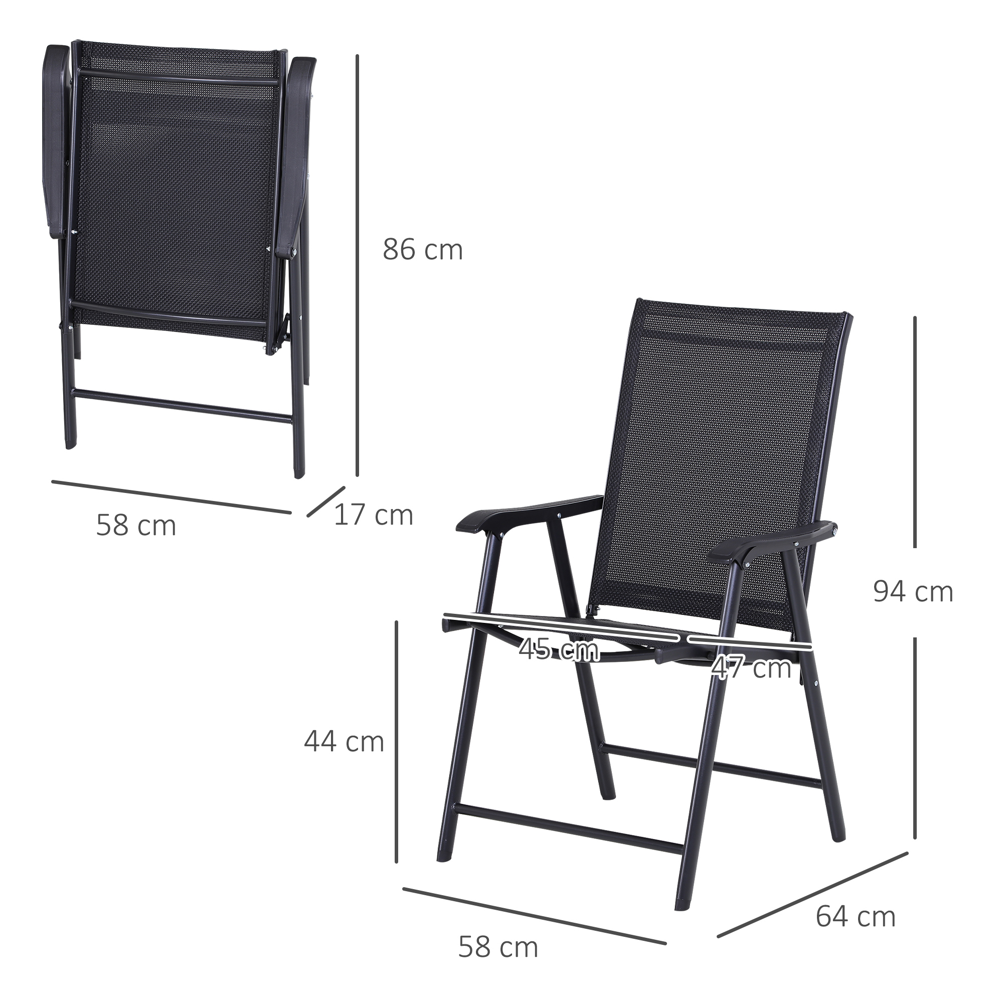  Set 2 Scaune de Gradina Pliabile cu Cotiere, Scaune pentru Pranz in Exterior din Metal si Texteline, pentru Terasa, Balcon, Veranda, Exterior si Interior, 58x64x94cm, Negru [2]