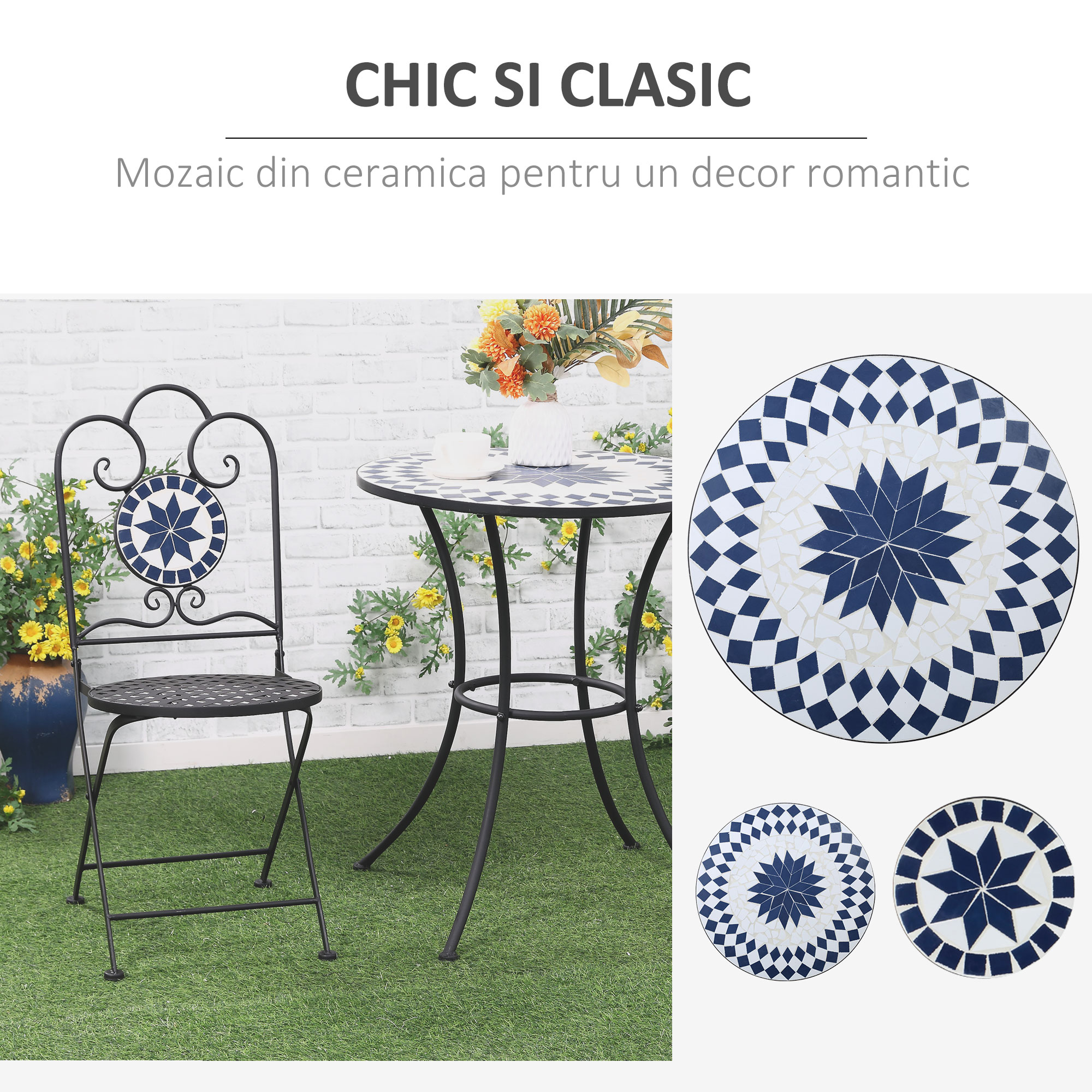  Set de Gradina 3 Piese cu 2 Scaune Pliante si 1 Masuta de Gradina, din Metal si Piatra [4]