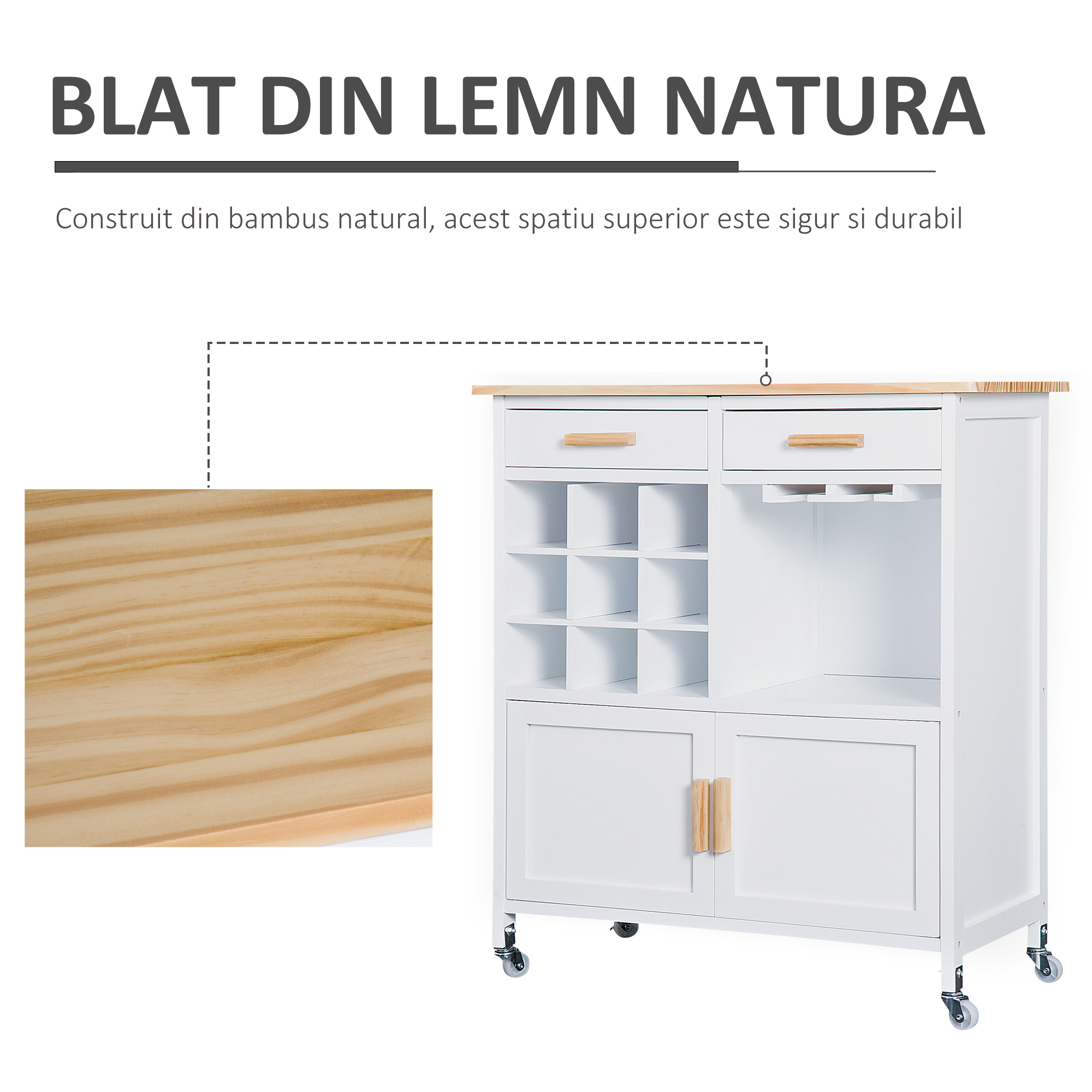  Mobiler de Bucatarie cu Roti, Suport de Pahare si Sticle din Bambus, 76x40x88cm [5]