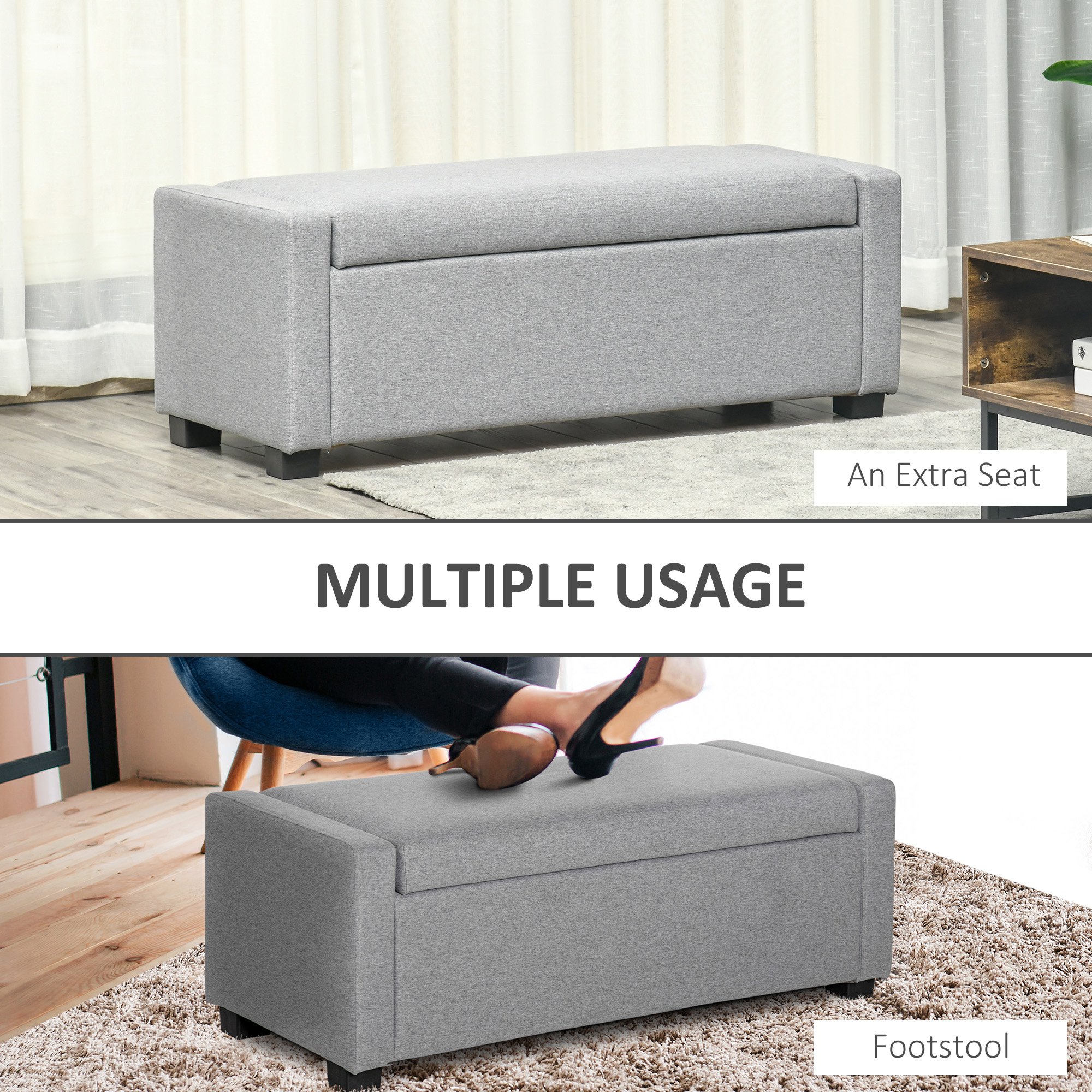 Banca dormitor  cu Compartiment de Depozitare din Tesatura, 120x50x44cm - Gri [5]