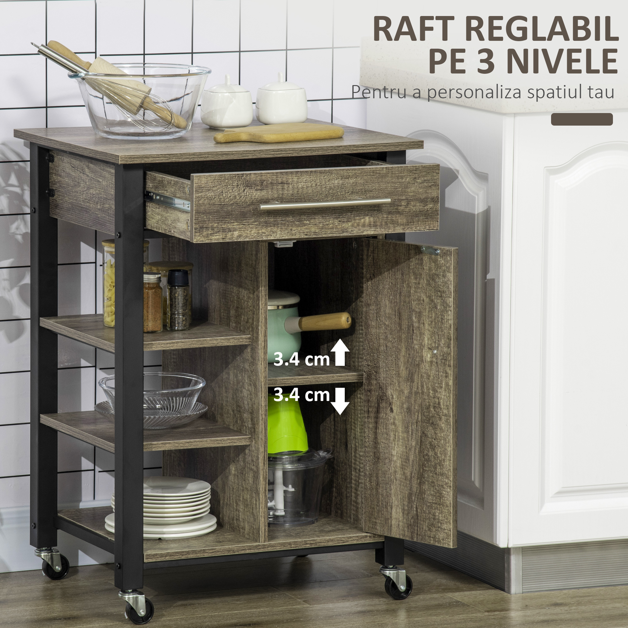  Carucior Bucatarie - Cu Sertar, Dulap si 4 Roti [5]