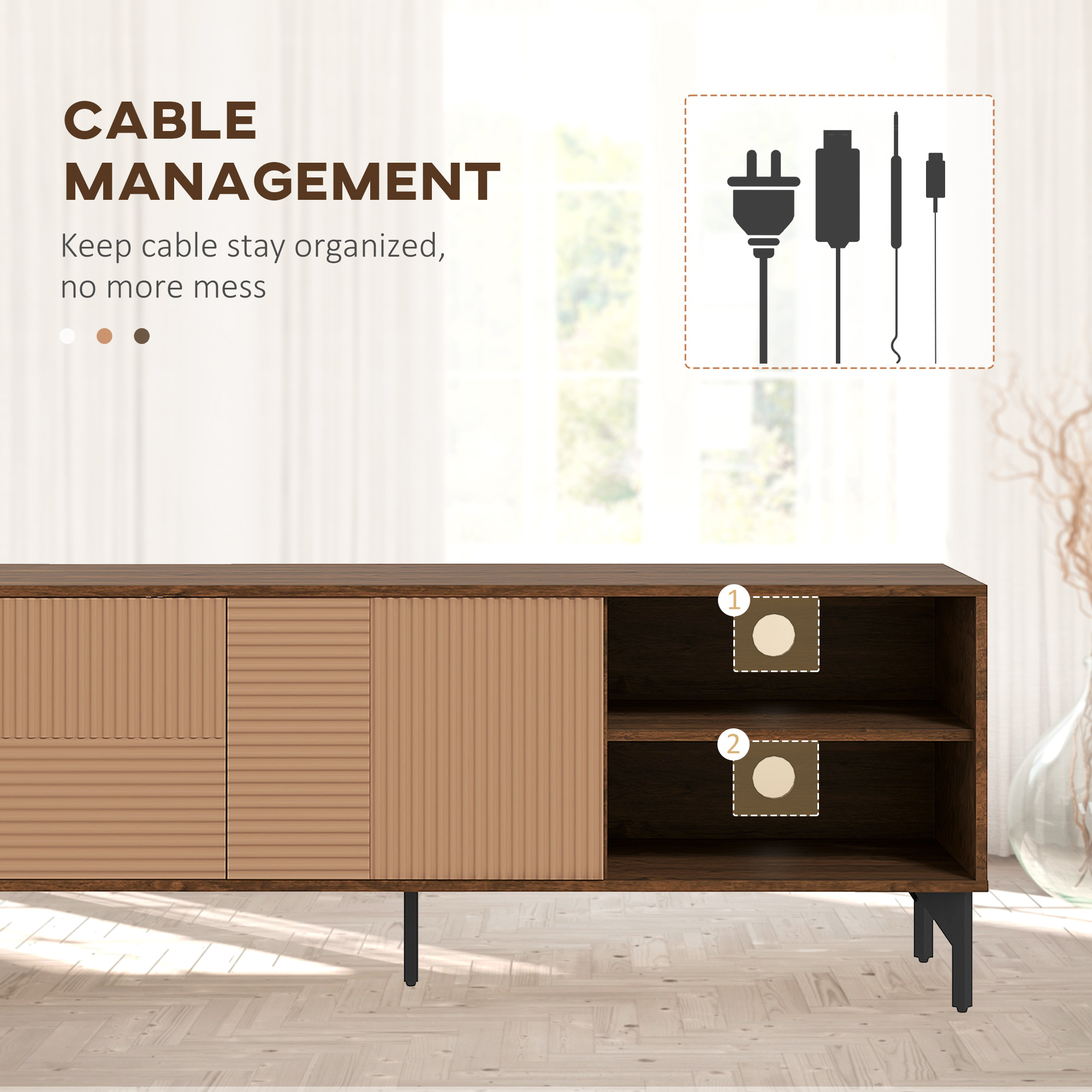  Suport Dulap TV pentru Televizoare de pana la 65", Centru de Divertisment cu Rafturi Deschise, Dulapuri si Orificii pentru Cabluri pentru Camera de Zi, Maro [5]