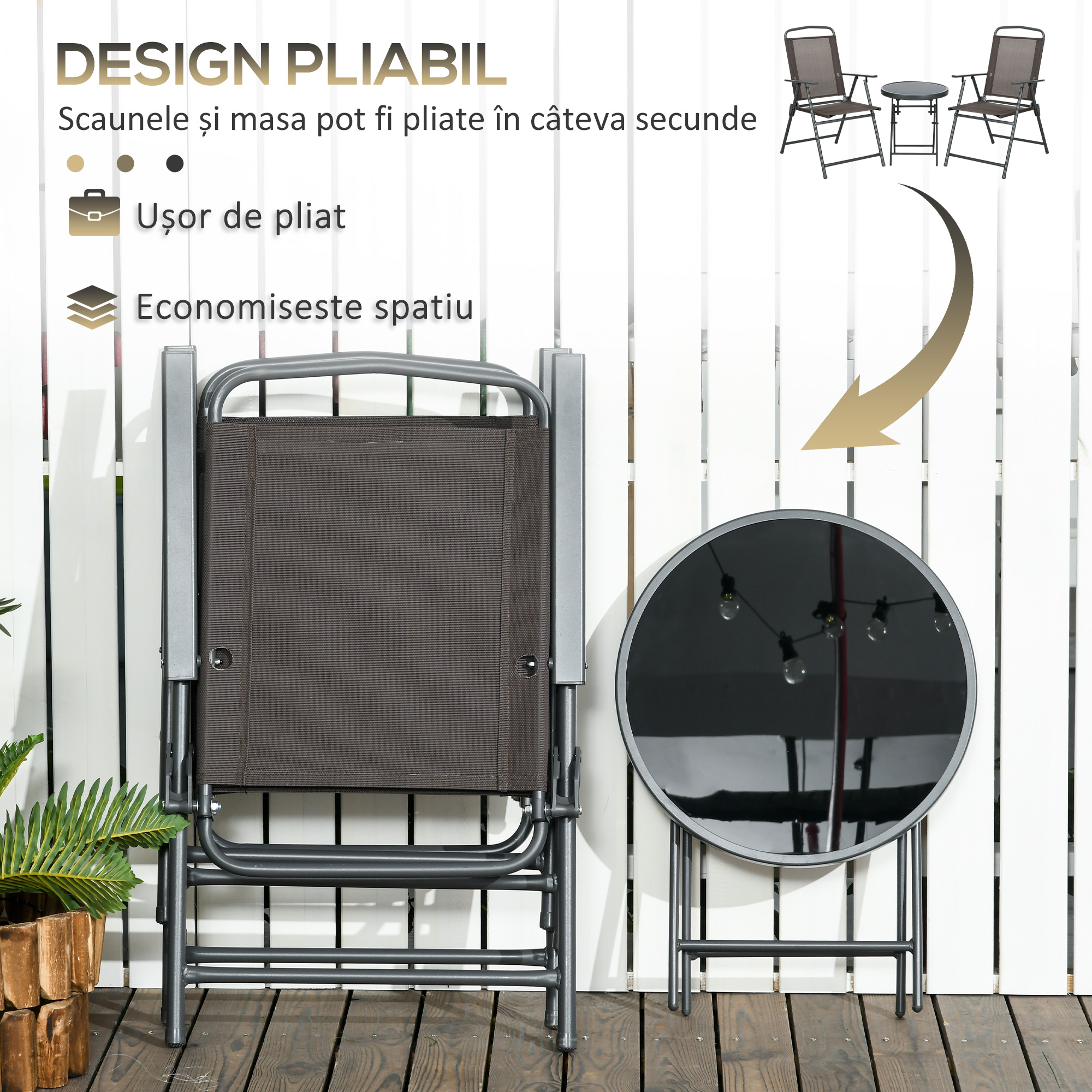  Set de Gradina 3 Piese cu 2 Scaune Pliabile si Masa Rotunda, Set Mobilier de Exterior din Metal si Sticla, Maro [3]