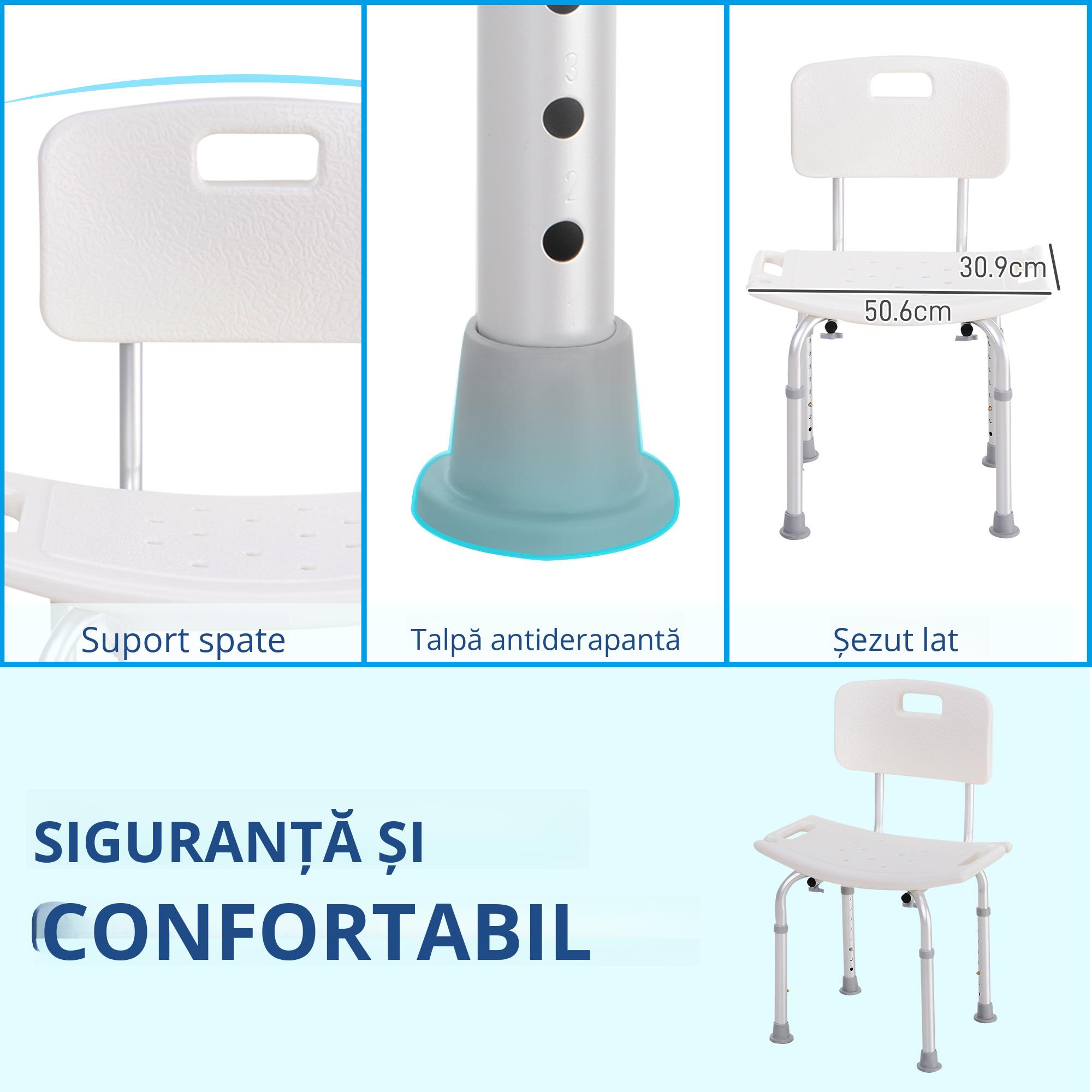  Scaun de Dus Antiderapant cu Spatar si inaltime Reglabila pe 8 Pozitii, 50,6x43x71-88 cm, Alb [4]