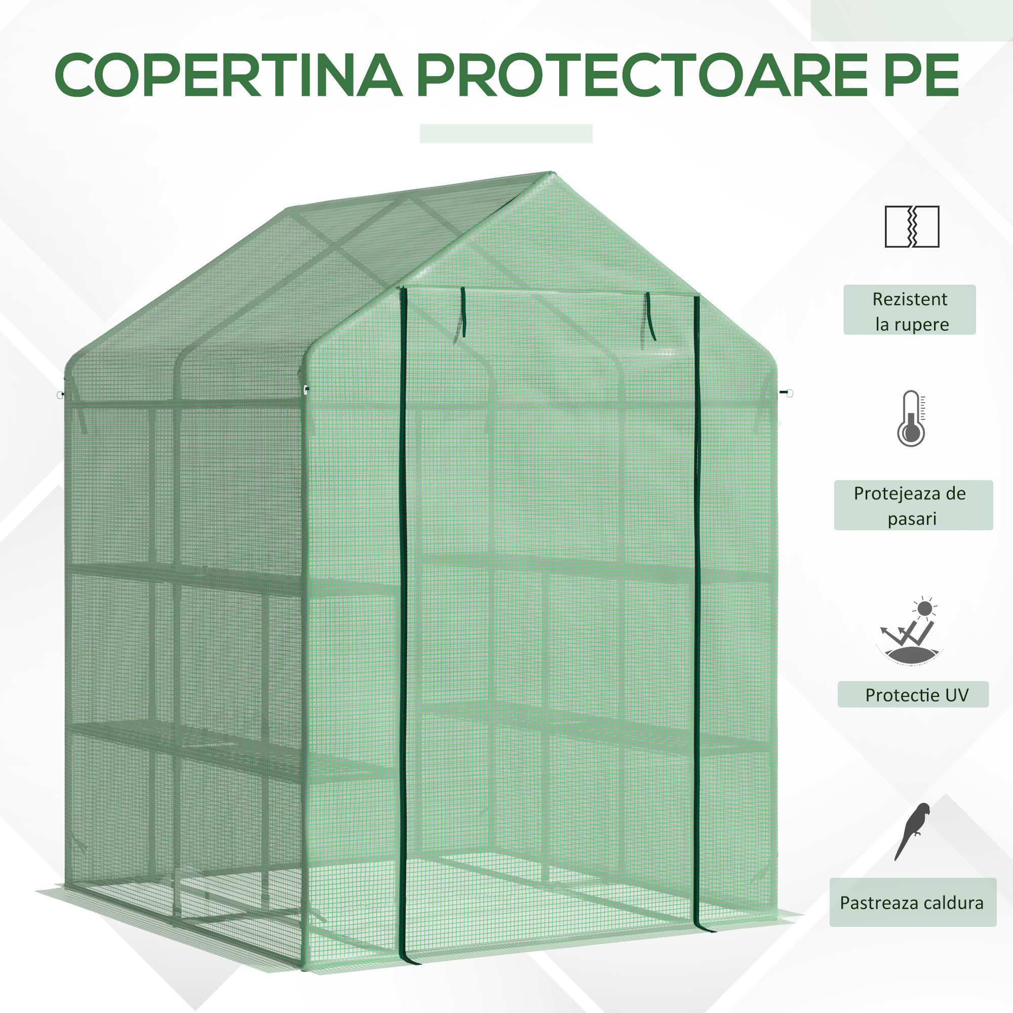  Sera de gradina cu rafturi, protectie din PE si usa care se ruleaza, 143L x 138l x 190H cm, verde [3]