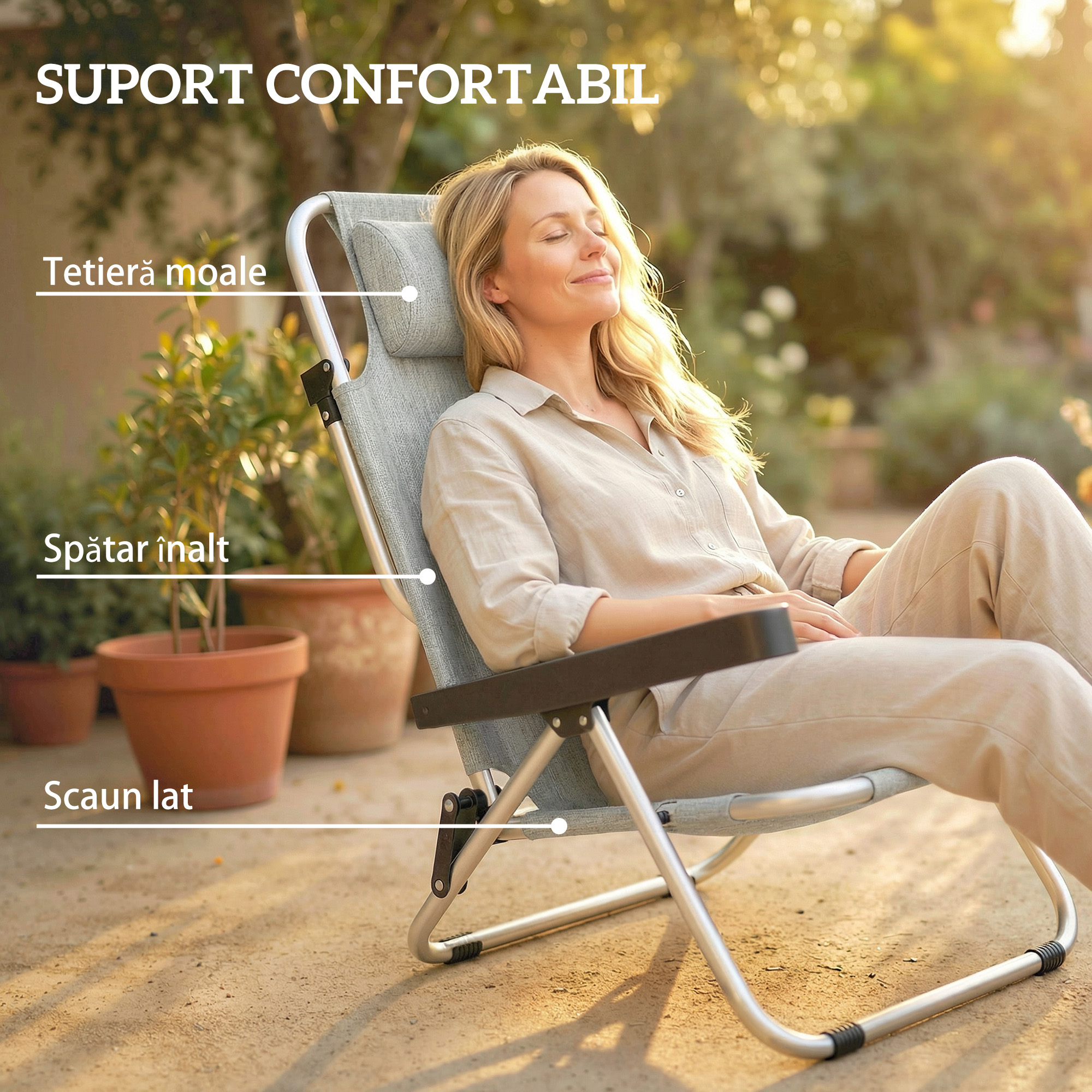 Set  2 sezlonguri Pliabile si Reclinabile pe 4 Pozitii cu Suport pentru Cap, din Aluminiu, 62x61x80 cm, Gri [4]