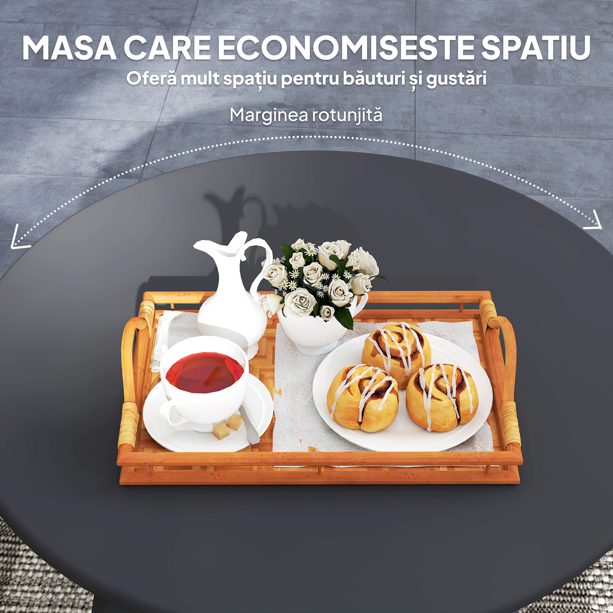  Masuta de Gradina Rotunda in Stil Industrial cu Picioare Antiderapante, Ø70x42 cm, Negru [3]