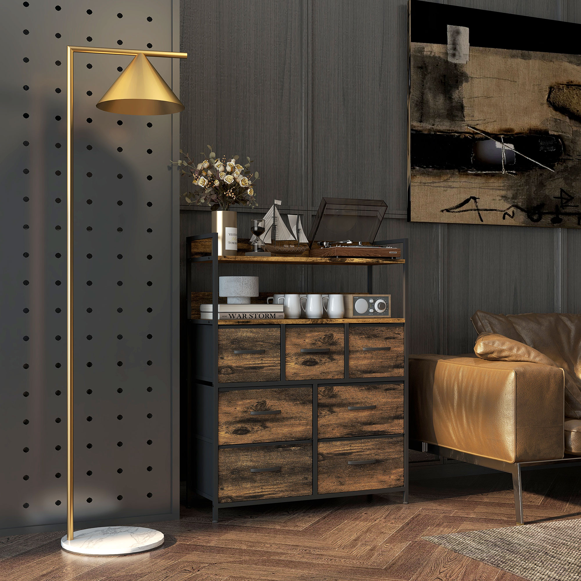  Comoda cu 7 Sertare Detasabile cu 2 Rafturi Industrial din Lemn si Otel, 79x29x101 cm, Maro si Negru [1]