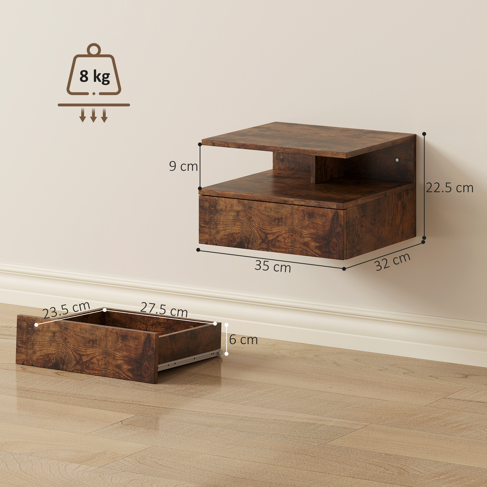  Set de 2 Noptiere Suspendate cu Sertar si Raft Deschis, 35x32x22.5 cm, Maro Rustic [2]