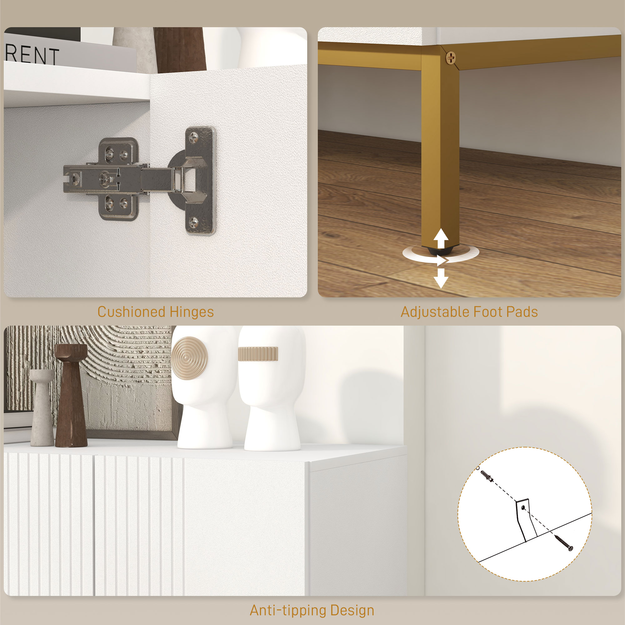  Bufet Modern pentru Living cu 4 Usi si Rafturi Reglabile, inchidere Moale, 140x40x75 cm, Alb [6]