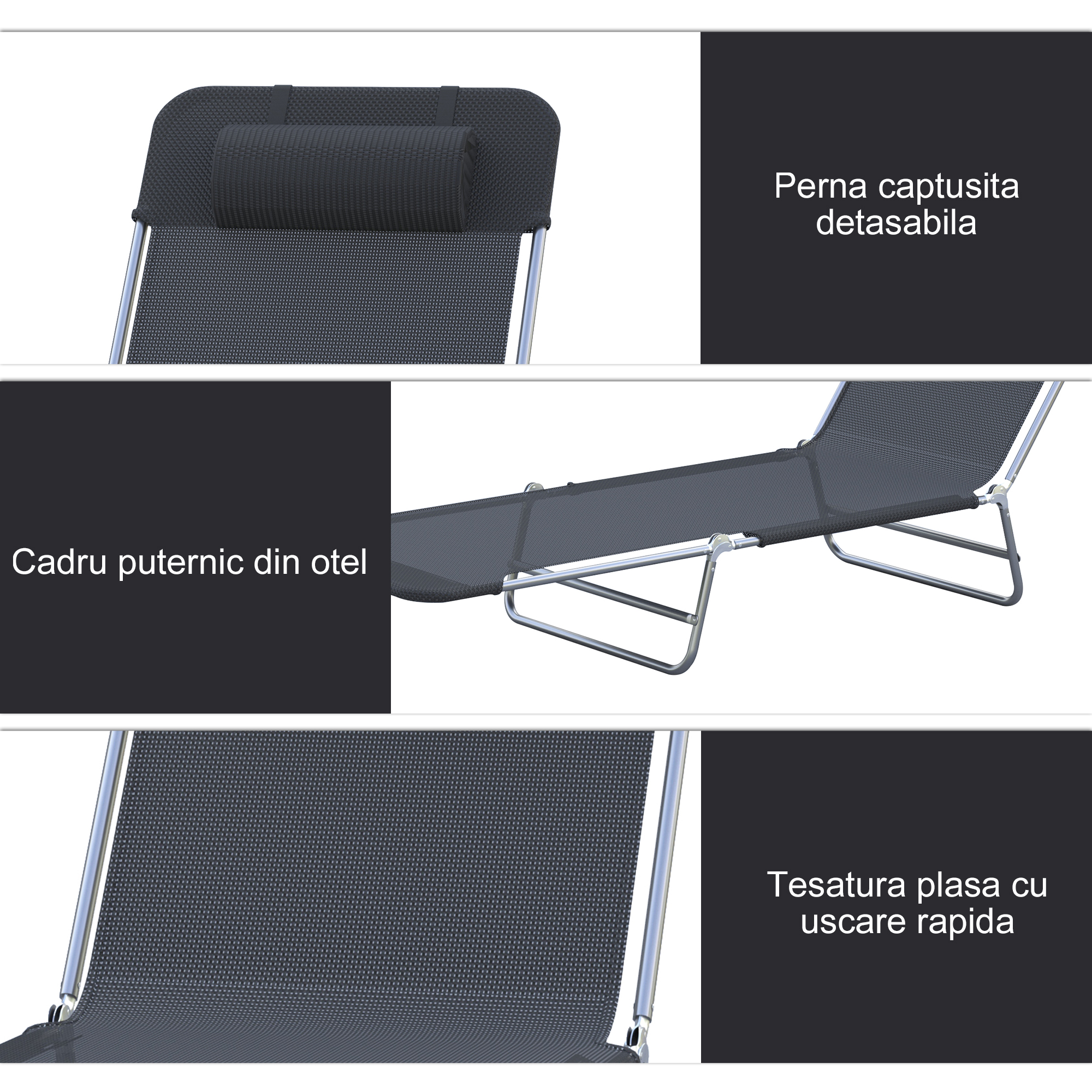  Sezlong pentru Bronzat Pliabil si Reclinabil, negru [4]