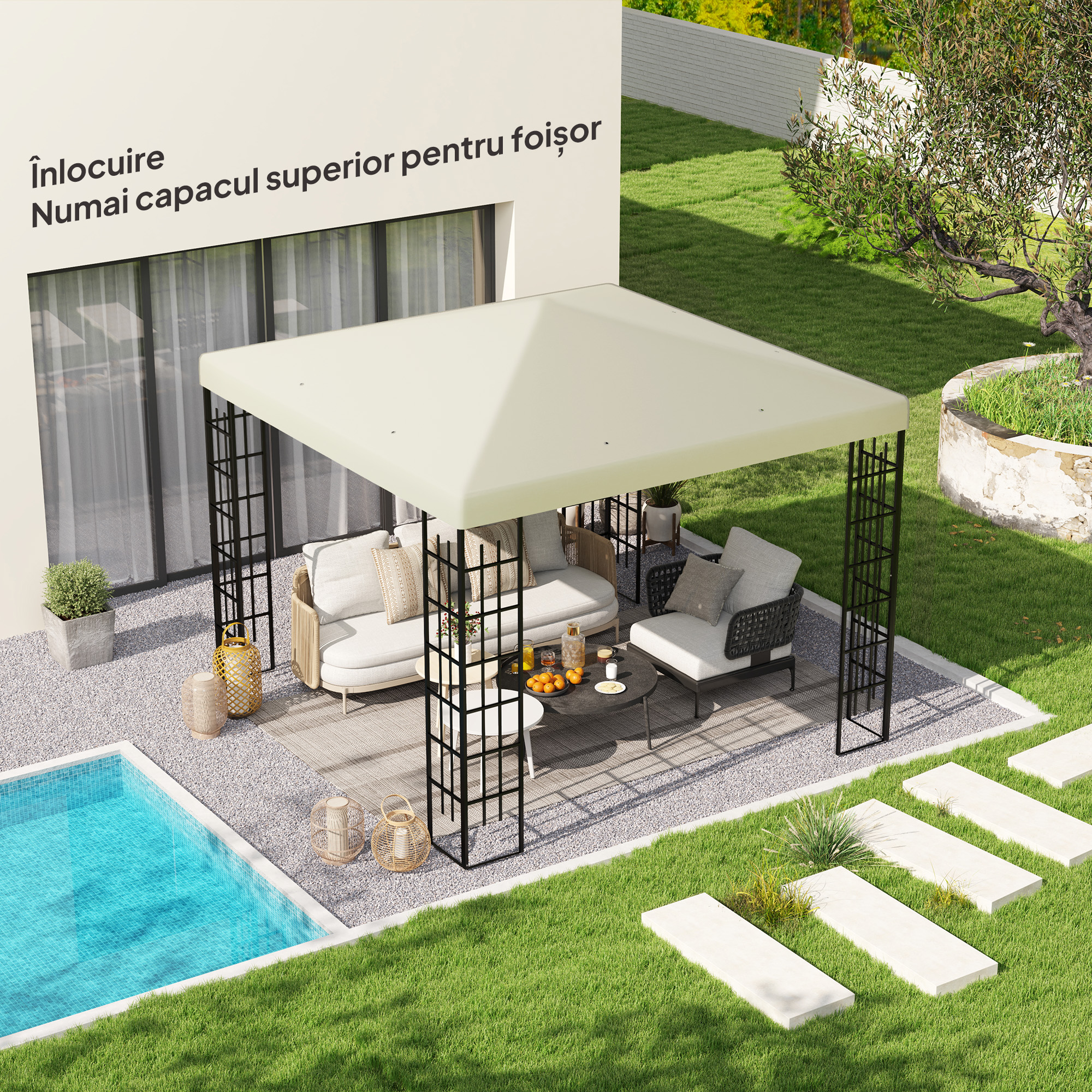  Acoperis pentru Gazebo de Gradina 3x3 m din Material Oxford 600D cu Orificii de Drenaj, Alb Crem [1]