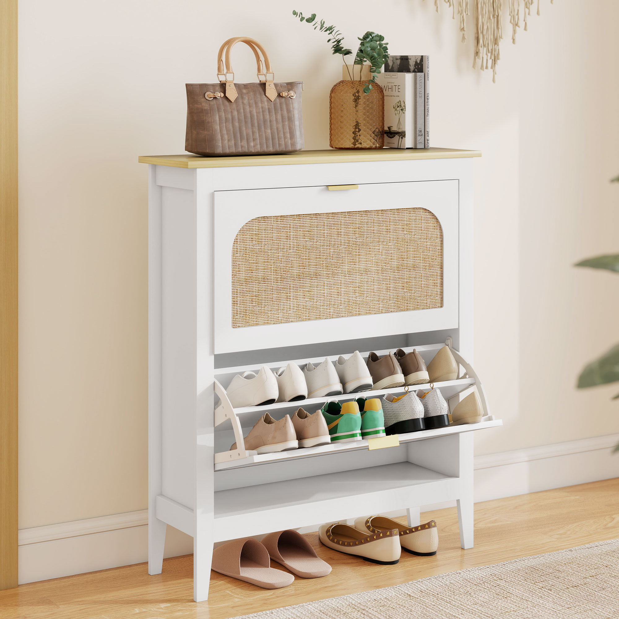  Pantofar Slim Stil Boho cu 2 Sertare Rabatabile pentru 14 Perechi de Pantofi, 80x24x95,5 cm, Alb [1]
