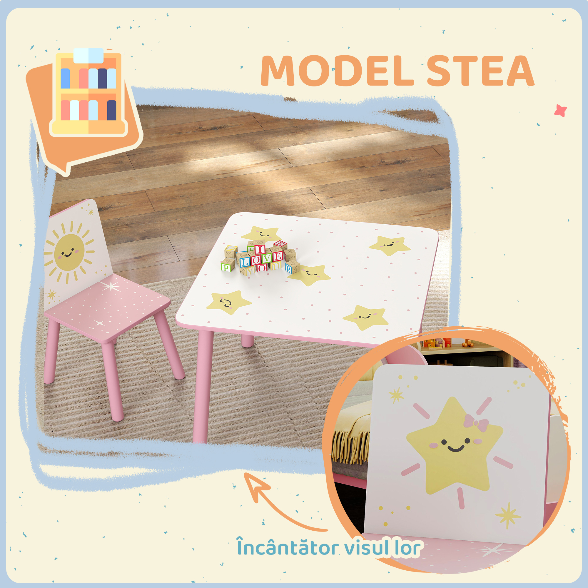  Set de 3 piese cu masa si scaune pentru copii, Masa cu 2 scaune pentru dormitor, gradinita, sala de jocuri, Roz [4]