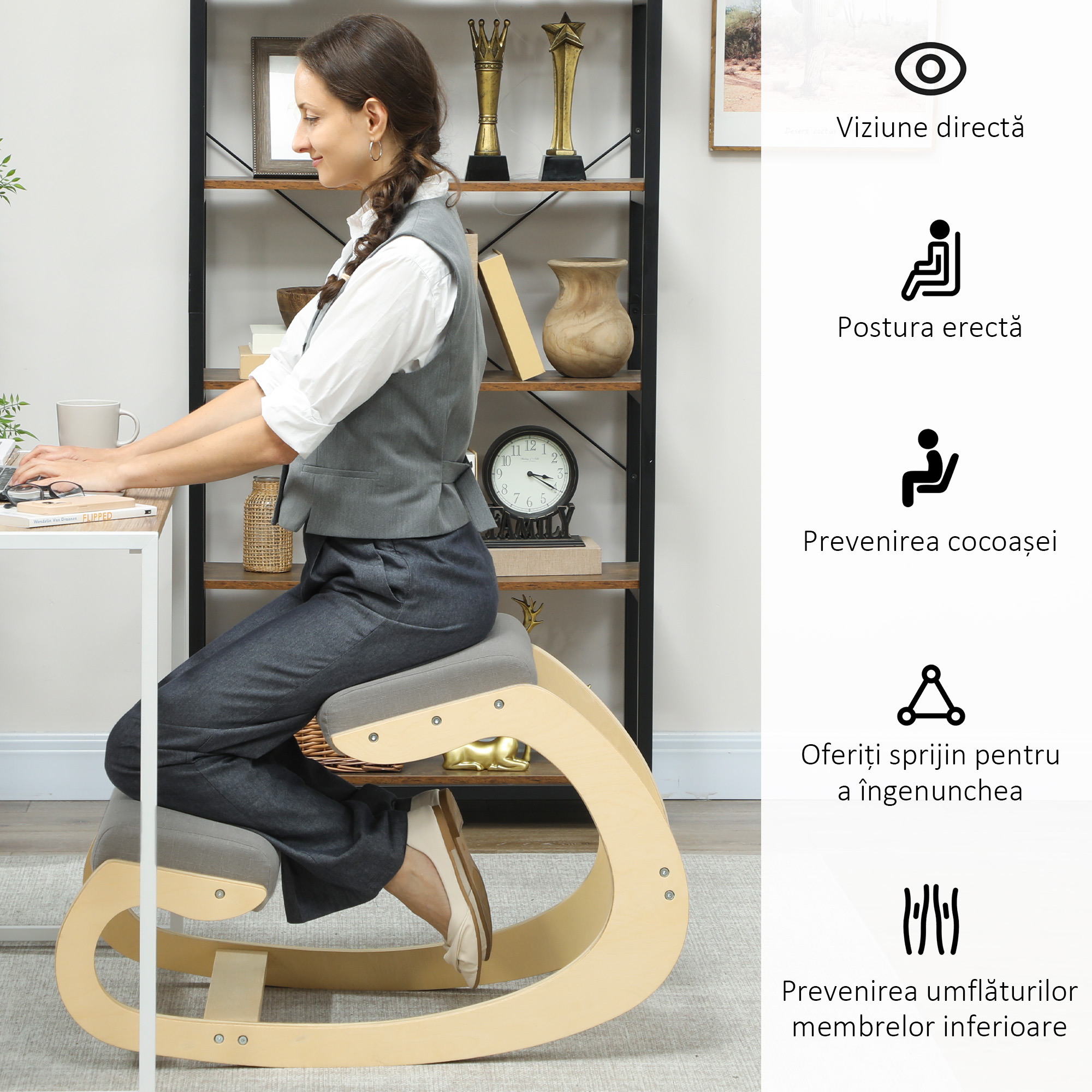  Scaun pentru genunchi din tesatura cu aspect de in si lemn, Gri deschis [4]