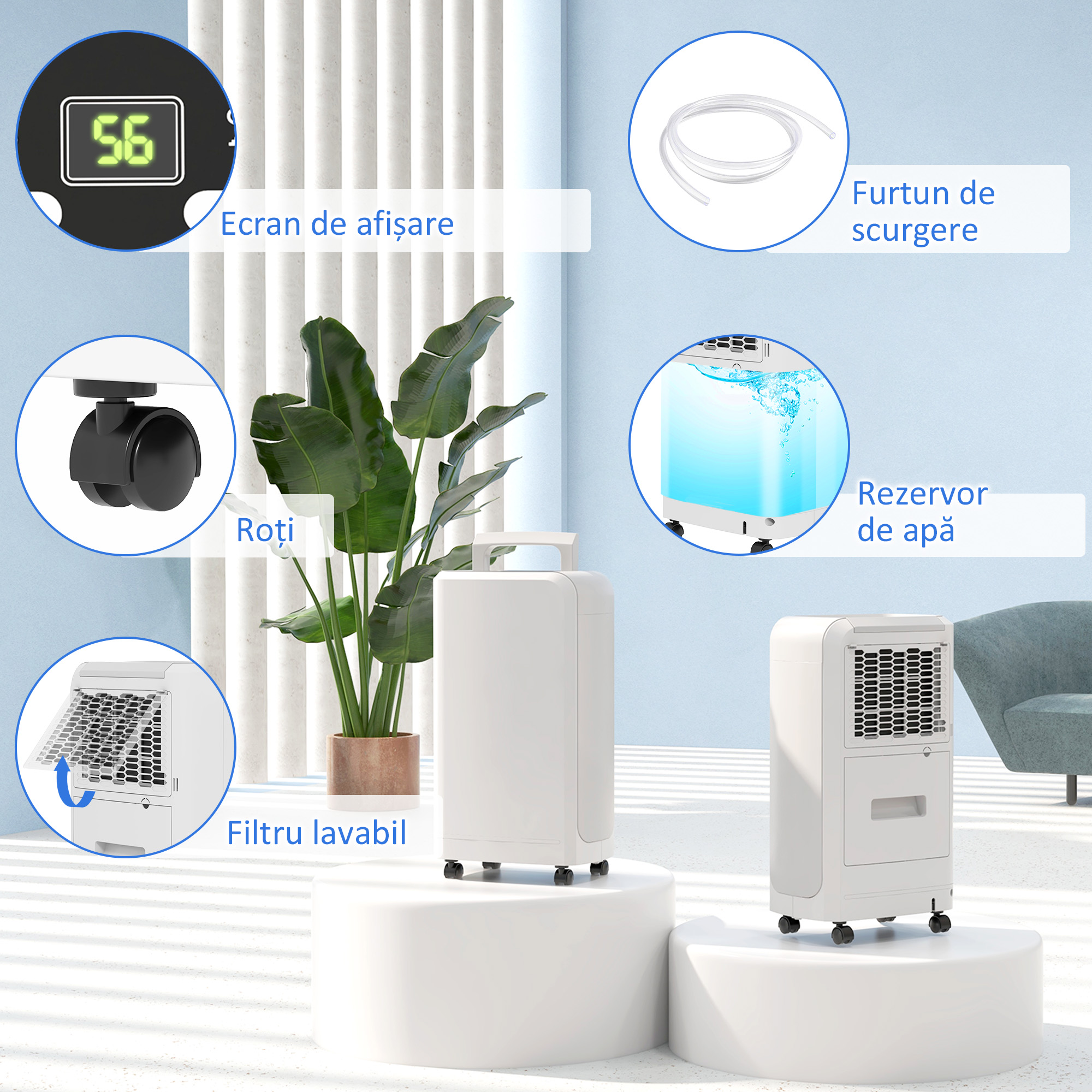  Dezumidificator de 12L cu Rezervor de Apa, Temporizator 24H si Afisaj Digital al Umiditatii, 28x18x50,6 cm, Alb [6]