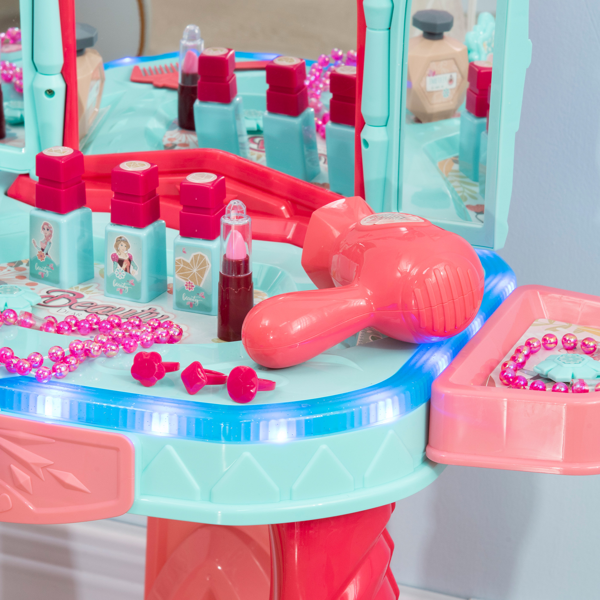  Masuta de toaleta pentru fetite cu scaun, oglinda, lumini si accesorii, din PP si GPPS, 57x34x76 cm, multicolor [6]