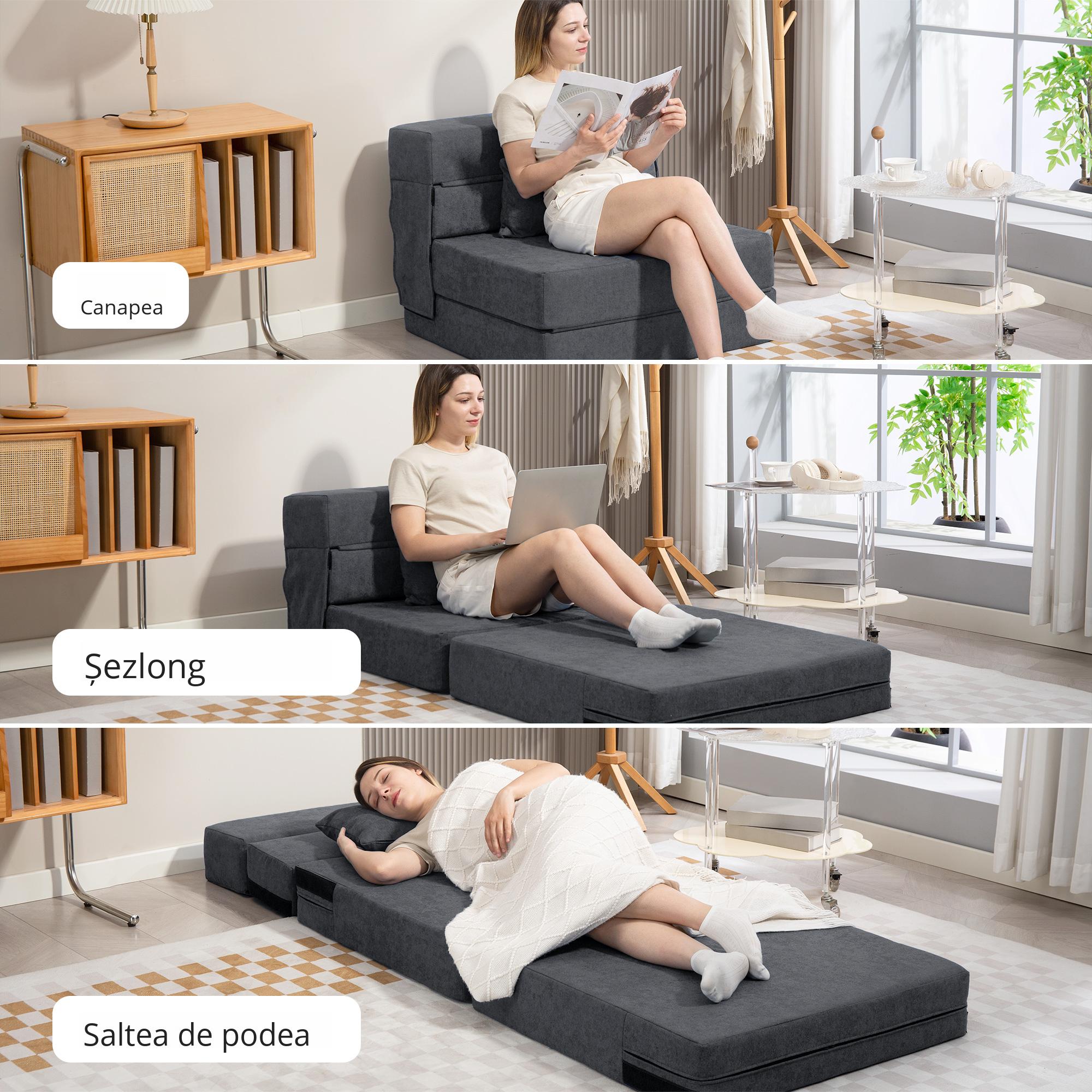  Fotoliu Pat Single Pliabil Modern, Fotoliu de Podea Economisitor de Spatiu Convertibil in sezlong si Saltea, Pat pentru Sufragerie, Living si Birou, 80x80x64 cm, Gri inchis [6]