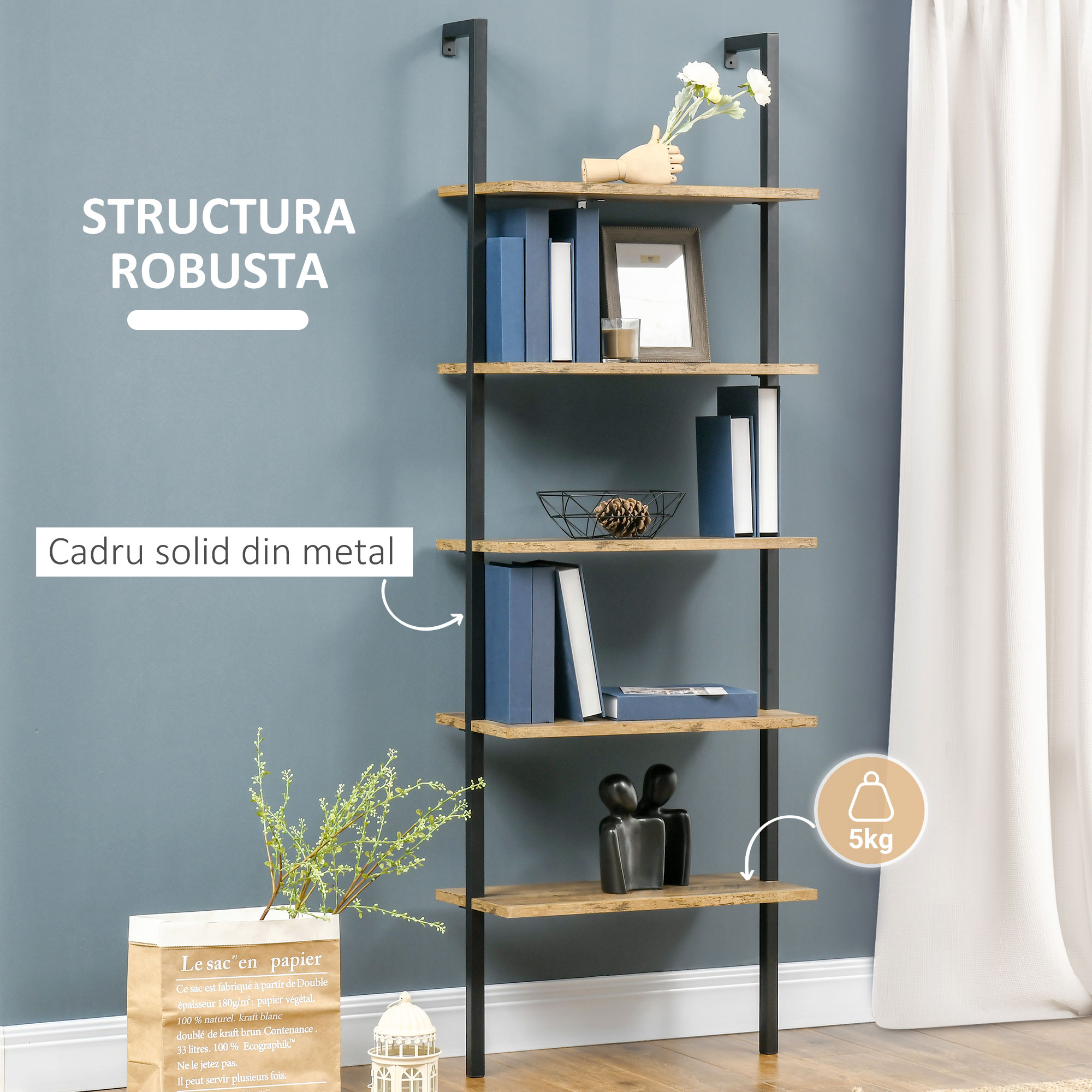  Biblioteca Industriala cu Scara - 5 Niveluri 60×30×184,5 cm [5]