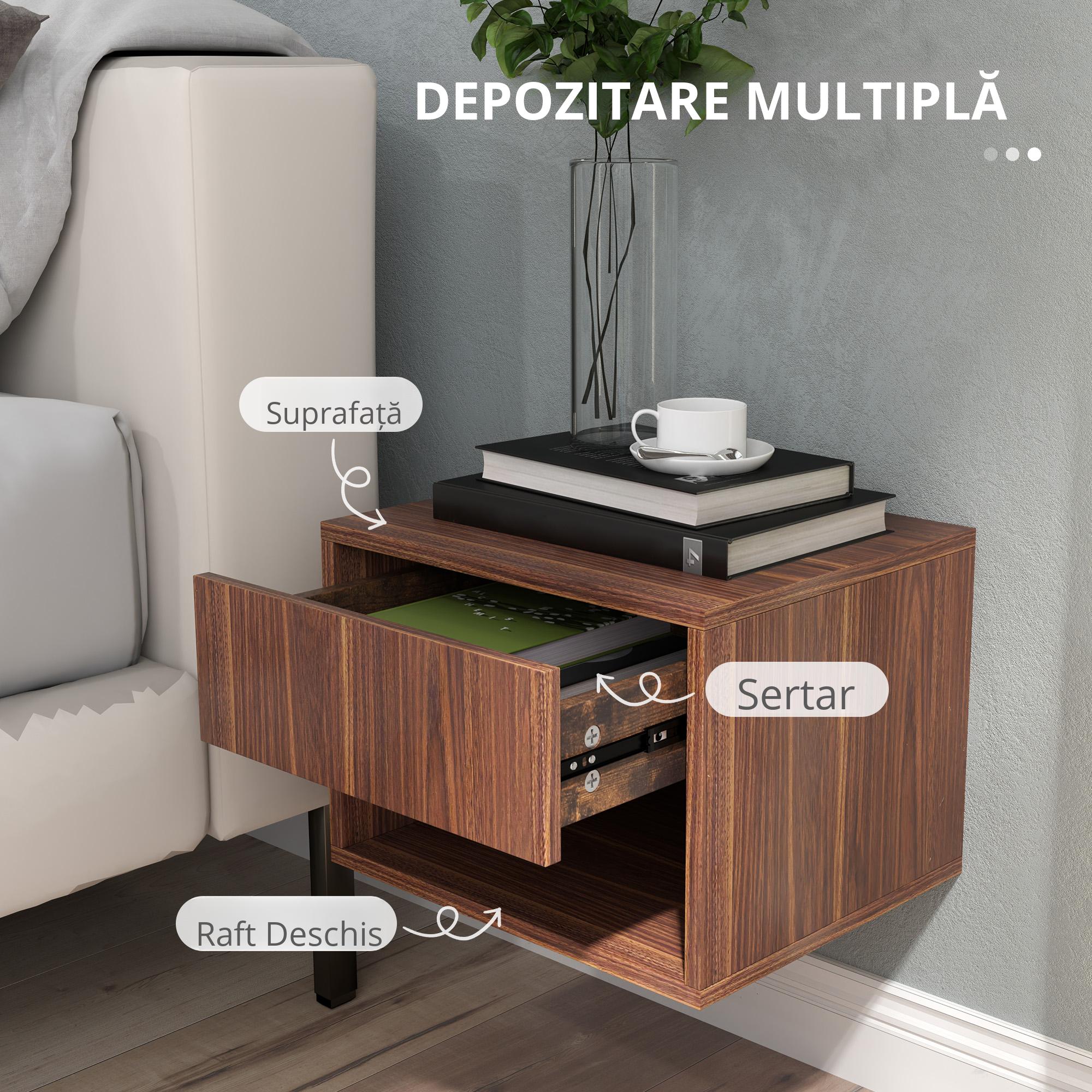  Set 2 Noptiere Suspendate cu Sertar si Raft Inferior Deschis, Noptiere pentru Dormitor din MDF, 40x34x29 cm, Maro [4]