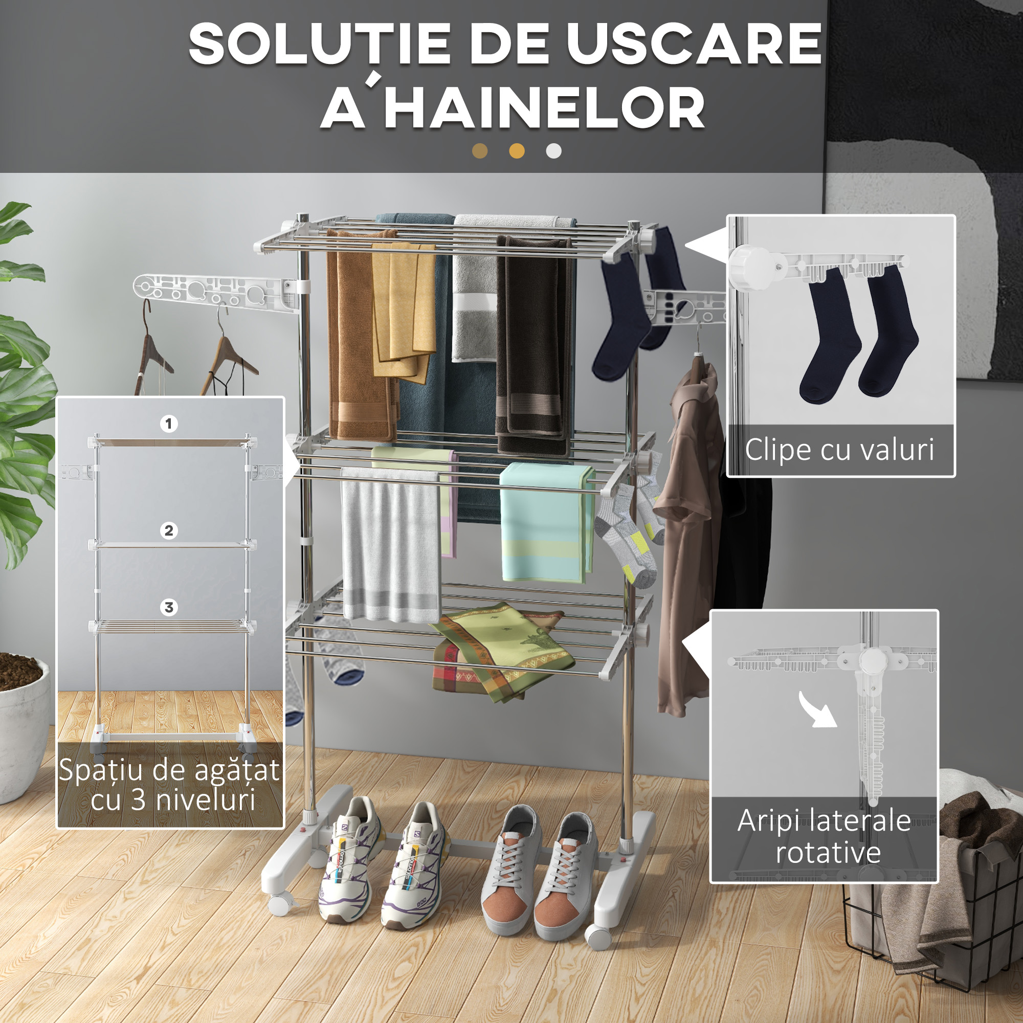  Suport de Uscat Rufe - Inox, 3 Etaje Reglabile Premium [4]