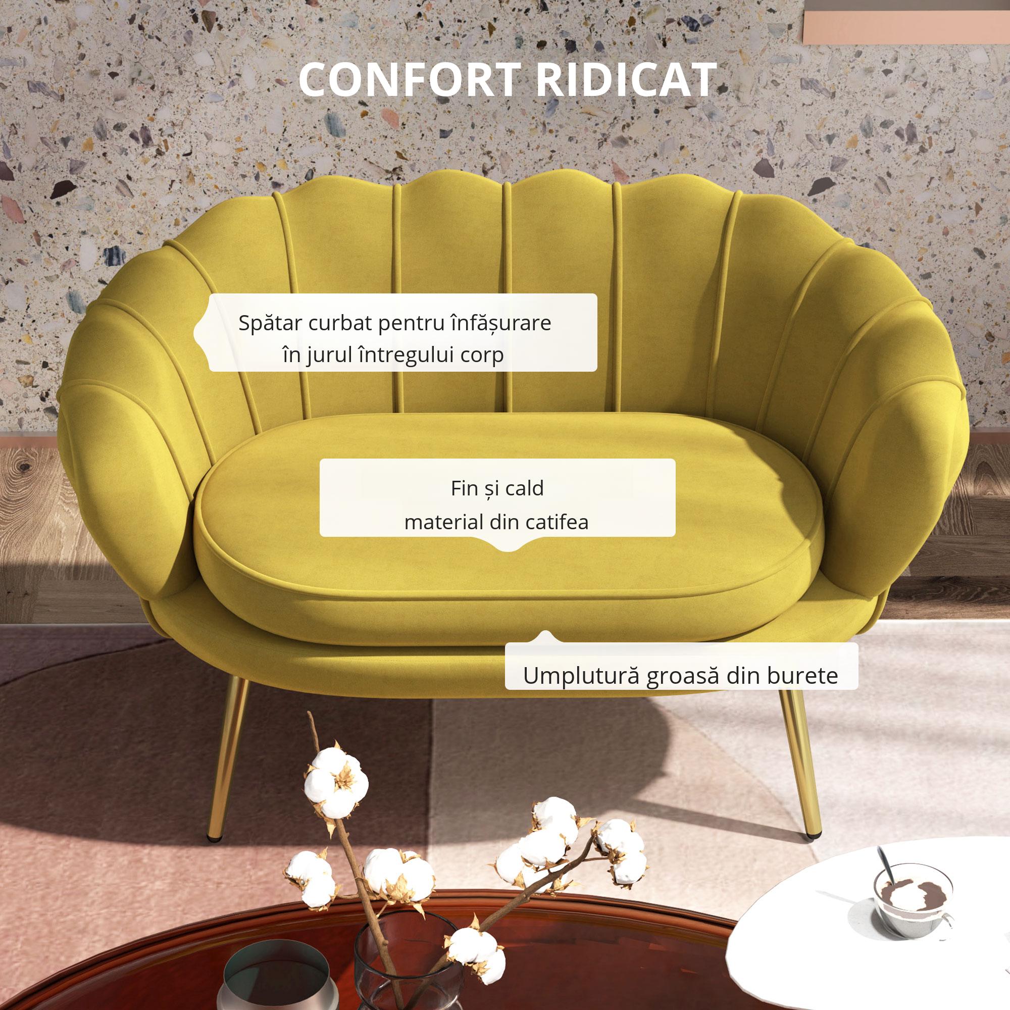  Canapea Moderna de 2 Locuri cu Brate si sezut Captusit, pentru Dormitor si Sufragerie, 130x77x77 cm, Galben [4]