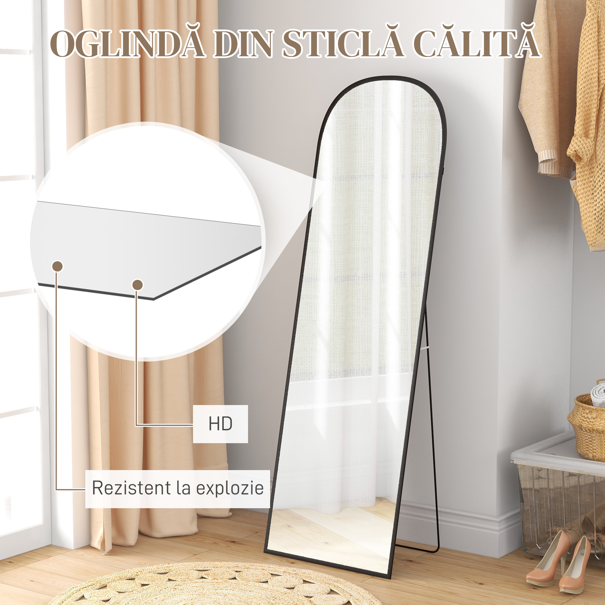  Oglinda de podea si perete moderna din aliaj de aluminiu cu suport pliabil, 50x161,5cm, negru [8]