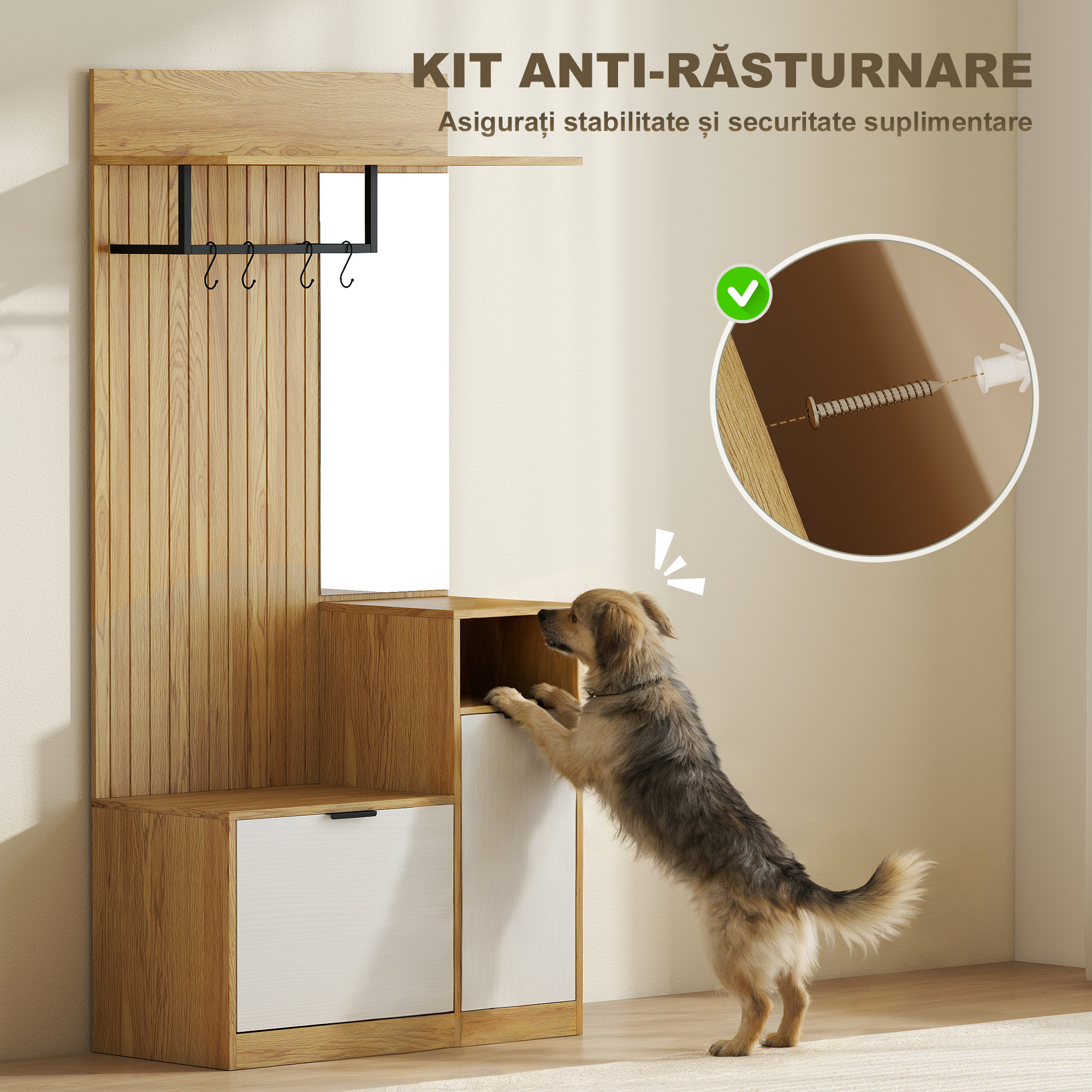  Cuier de Hol cu Bara, 4 Carlige, Banca si Spatiu pentru incaltaminte, Dulap din MDF si Metal, Picioare din Lemn de Cauciuc, Stejar si Alb [5]