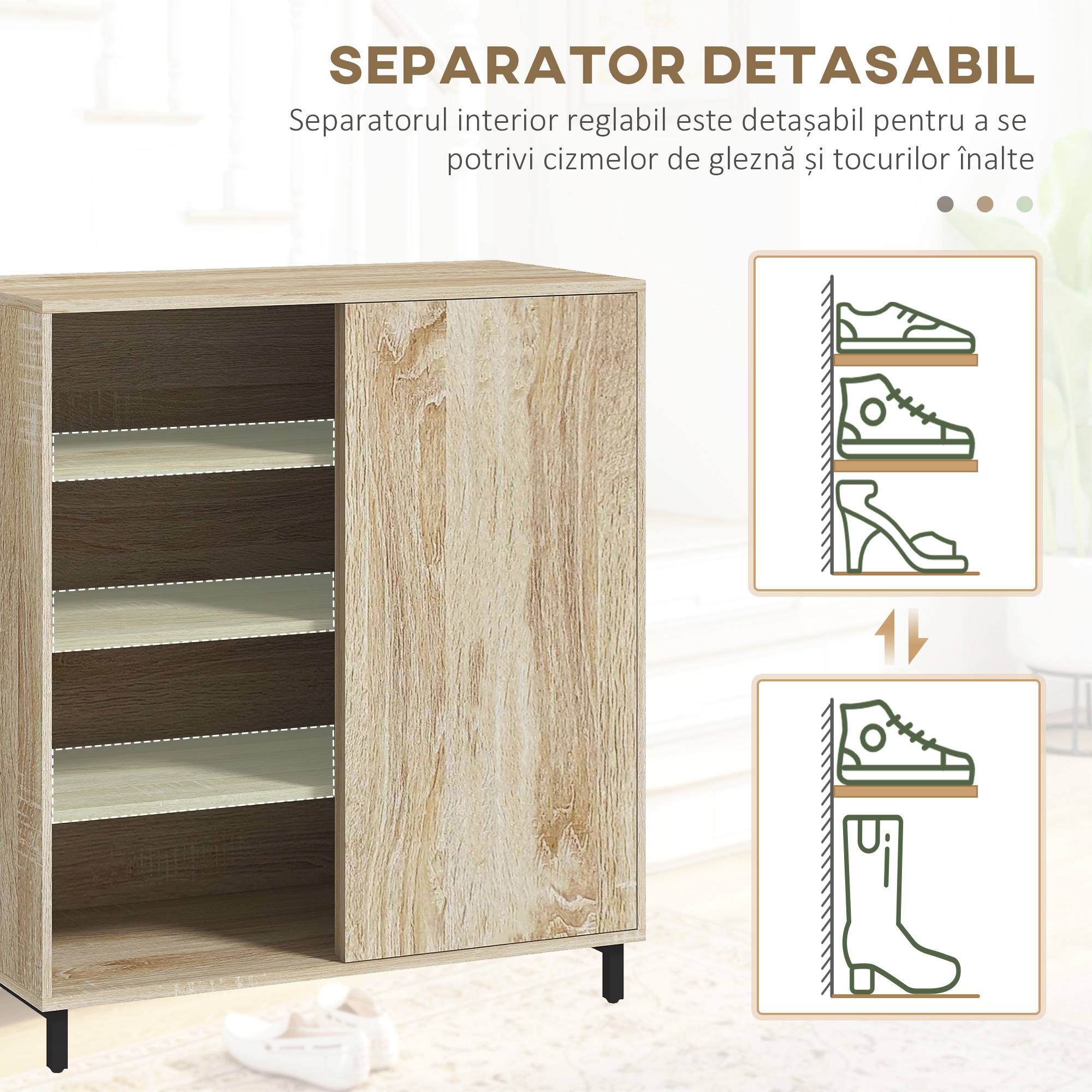  Dulap pentru Pantofi pe 4 Niveluri din PAL si Otel cu Usa Glisanta si Rafturi Reglabile, 80x40x93 cm, Lemn Natural [5]