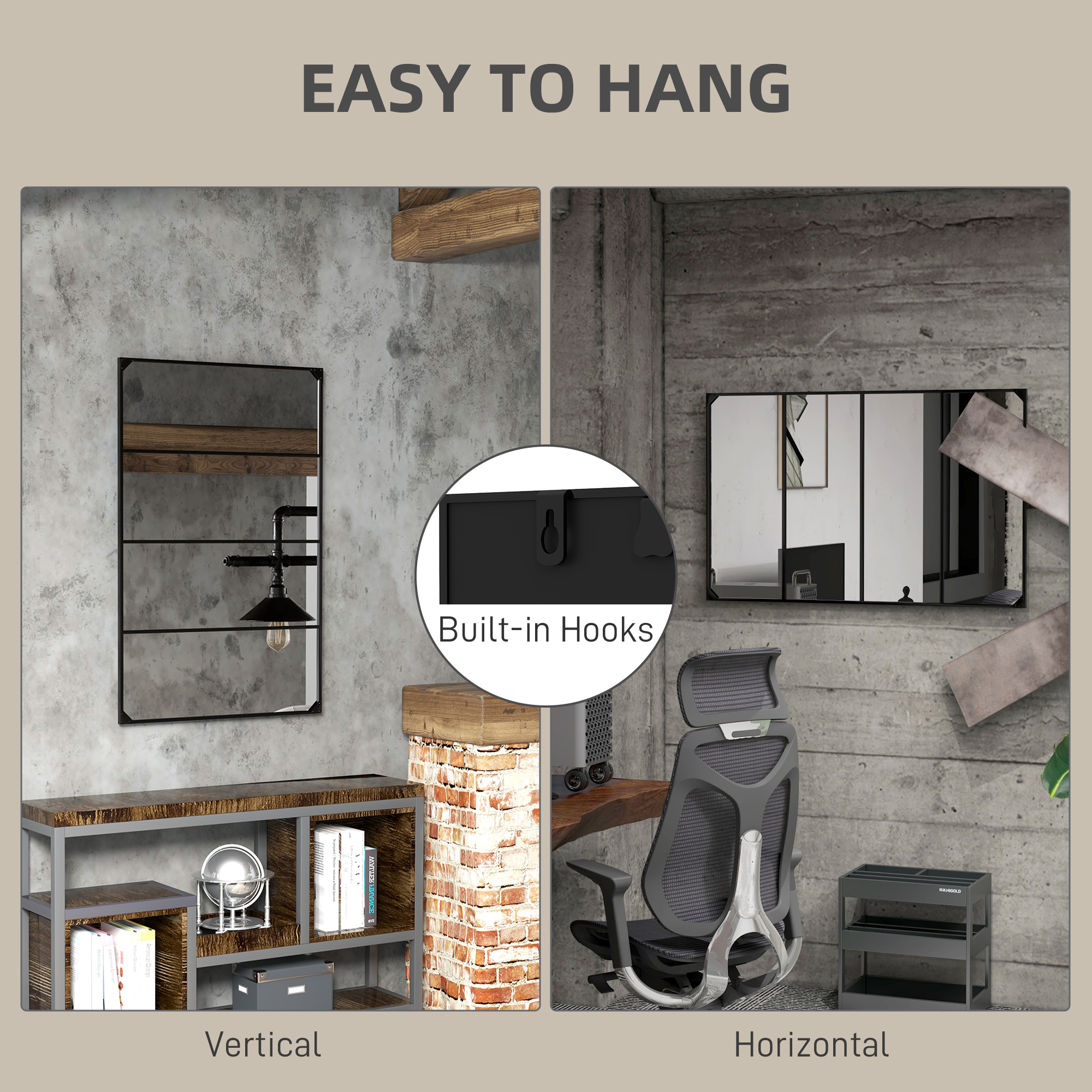  Oglinda Industriala de Perete, Oglinda Dreptunghiulara cu Rama Metalica, Oglinda Decorativa, 109x2x69 cm, Negru [4]