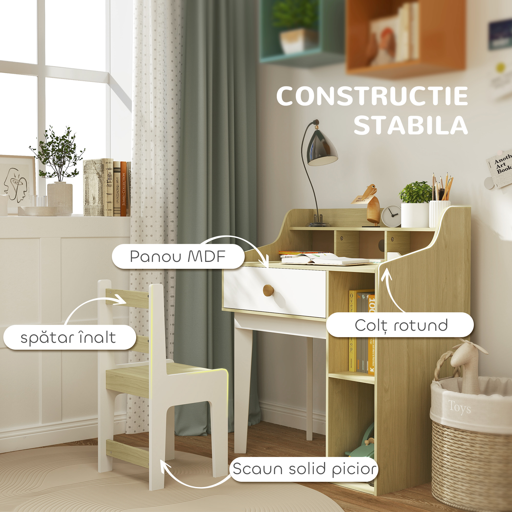  Set Birou pentru Copii cu Raft de Depozitare, Sertar si Scaun din Lemn, 80,4x50x96 cm, Alb [4]