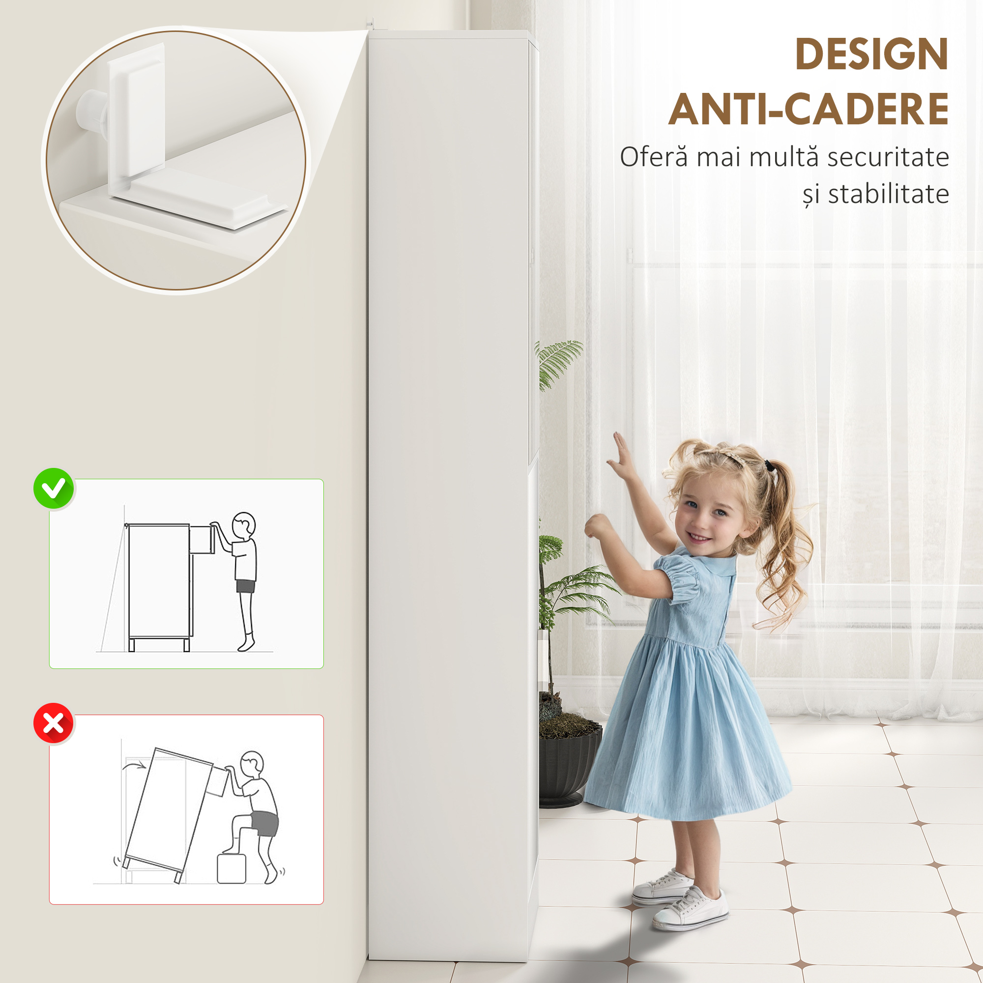  Dulapior Coloana de Baie din Lemn cu 5 Rafturi si Usa cu Oglinda, 32x28x162 cm, Alb [5]