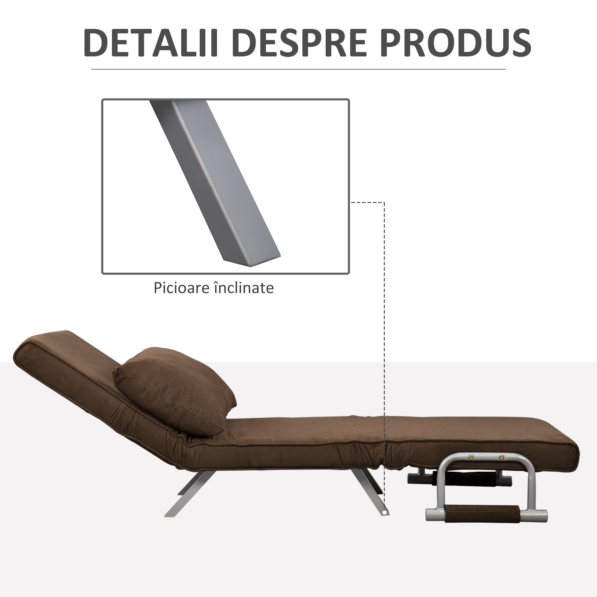  Fotoliu Pat Individual 3 in 1 cu Spatar Reglabil pe 5 Nivele si Perna, 65x69x80 cm, Maro [6]