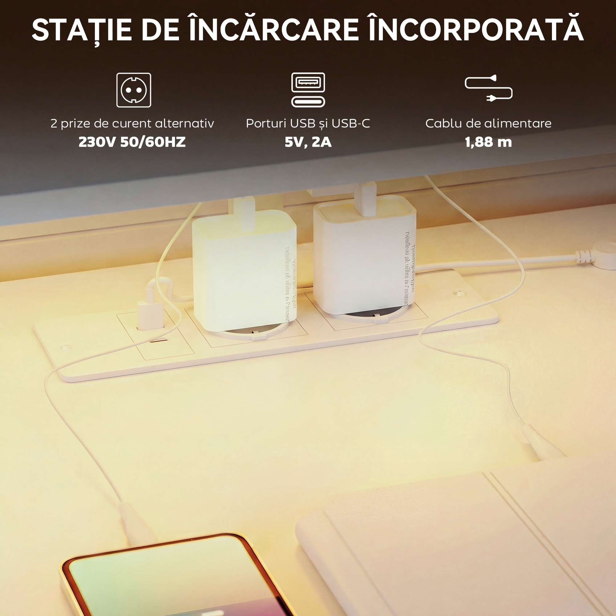  Birou Gaming cu Suport CPU Reglabil Reversibil si LED, 147x47 cm, Statie de incarcare, Suport Monitor, 3 Sertare din Material Textil, pentru Acasa, Birou sau Studio, Alb [5]