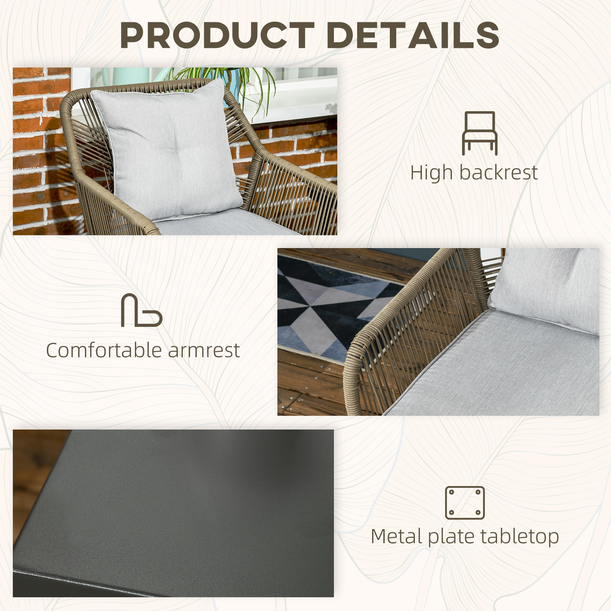  Set Modern din 3 Piese cu Suporturi Ajustabile, Set de Cafea pentru Terasa din impletitura Rotunda, 63x73x78 cm, Gri Deschis [5]