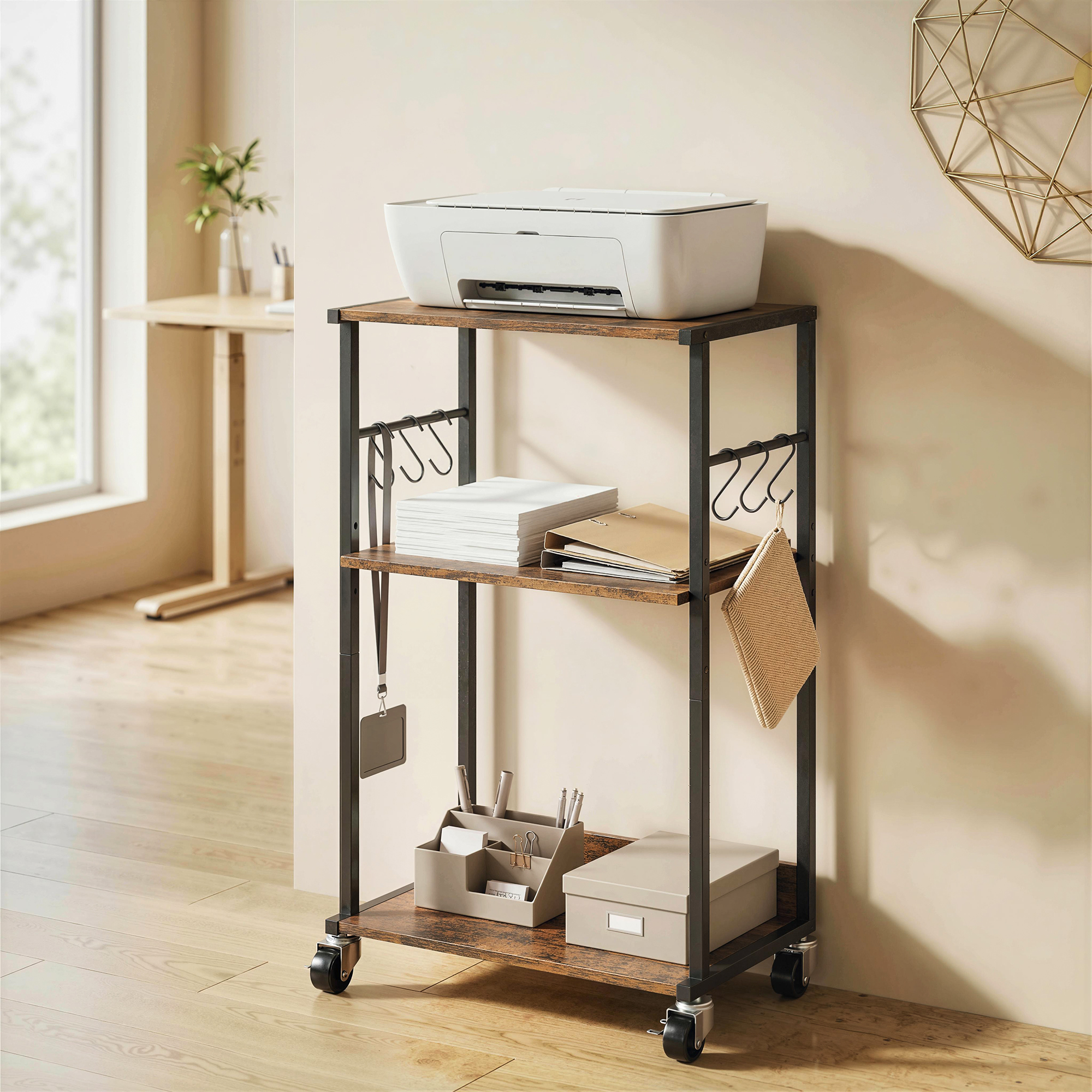  Dulap Imprimanta Industrial 3 Niveluri, Roti si Carlige, Maro Rustic. [1]