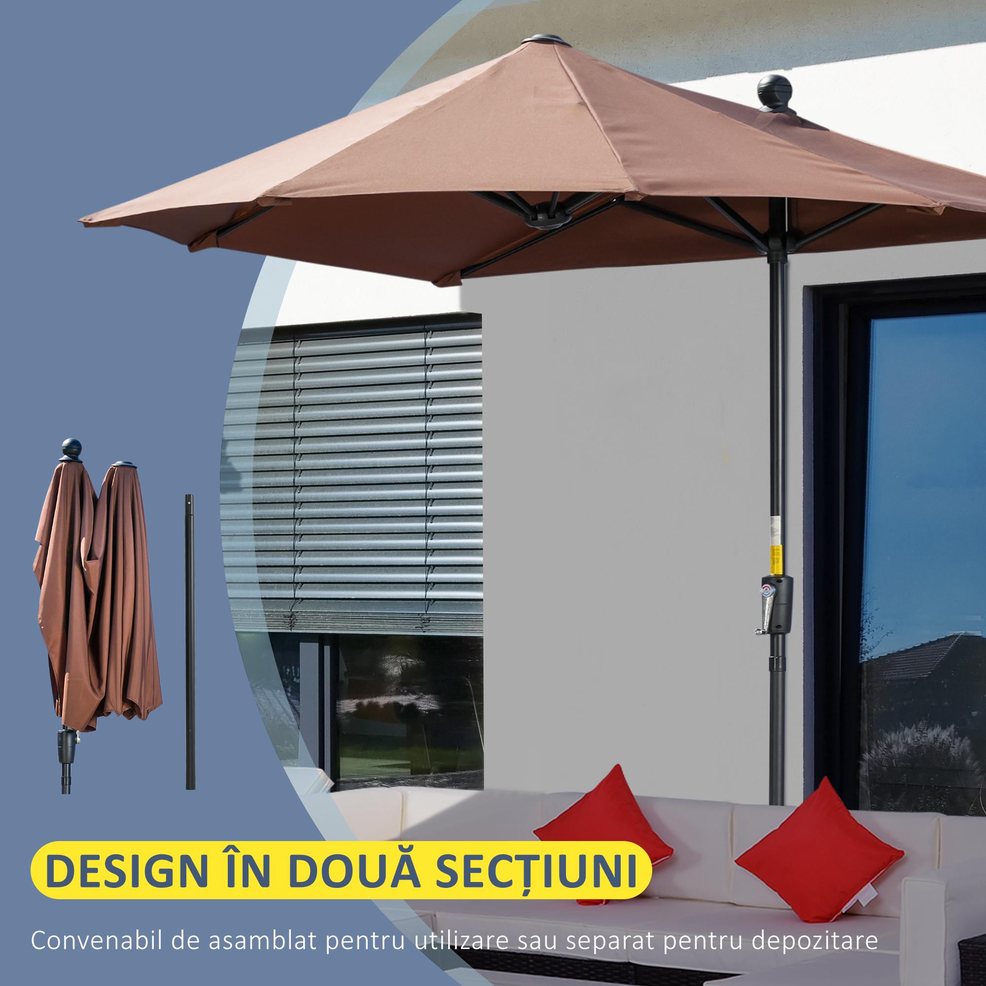  Umbrela de Terasa 200x190x240 cm cu Manivela, Stalp din Otel si Baza in Forma de Cruce Anti-UV pentru Terasa si Balcon, Gri [5]