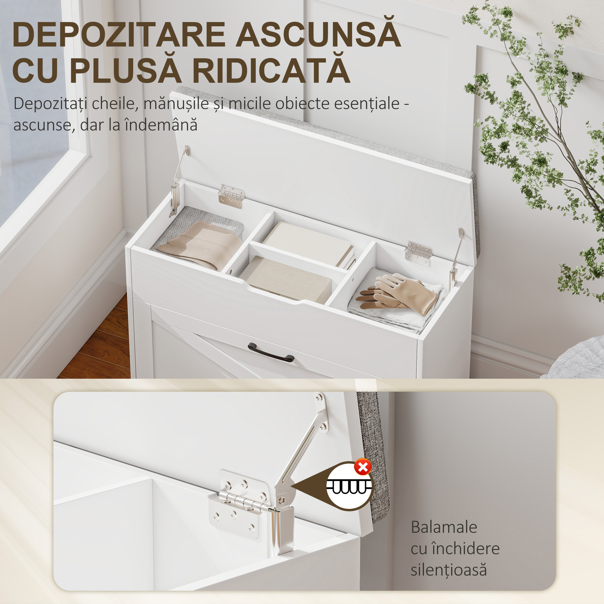  Banca pentru Pantofi cu Sertar Rabatabil si Compartiment de Depozitare, Capacitate 8 Perechi de Pantofi, 80x30x55 cm, Alb [5]