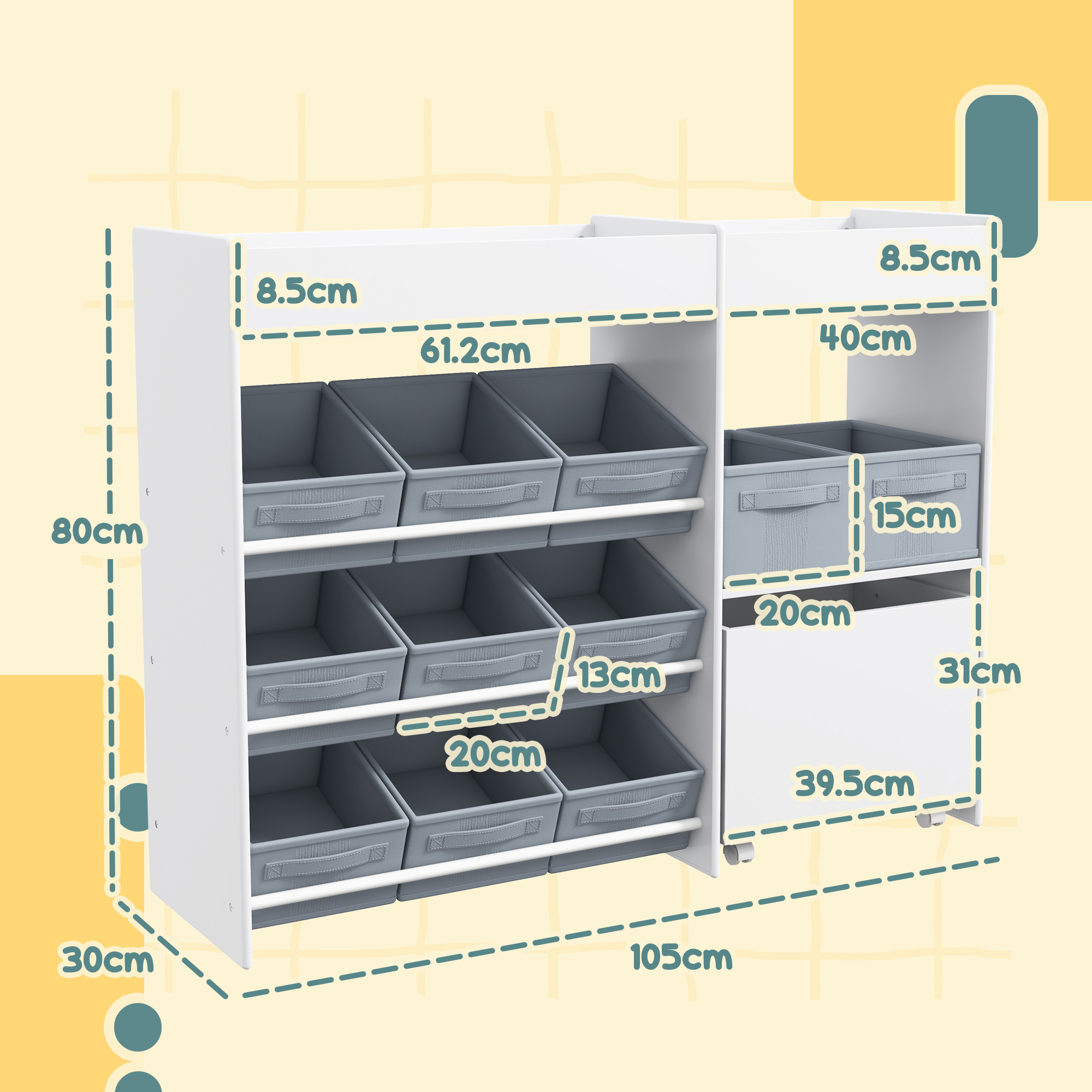 Mobilier  pentru Jucarii pentru Copii cu 11 Cosuri din tesatura, Dulap si Rafturi, 105x30x80 cm, Alb [2]